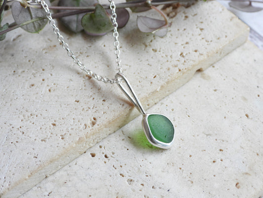 Dainty Cornish Green Sea Glass Necklace | Handmade Sterling Silver 925 | Praa Sands Beach