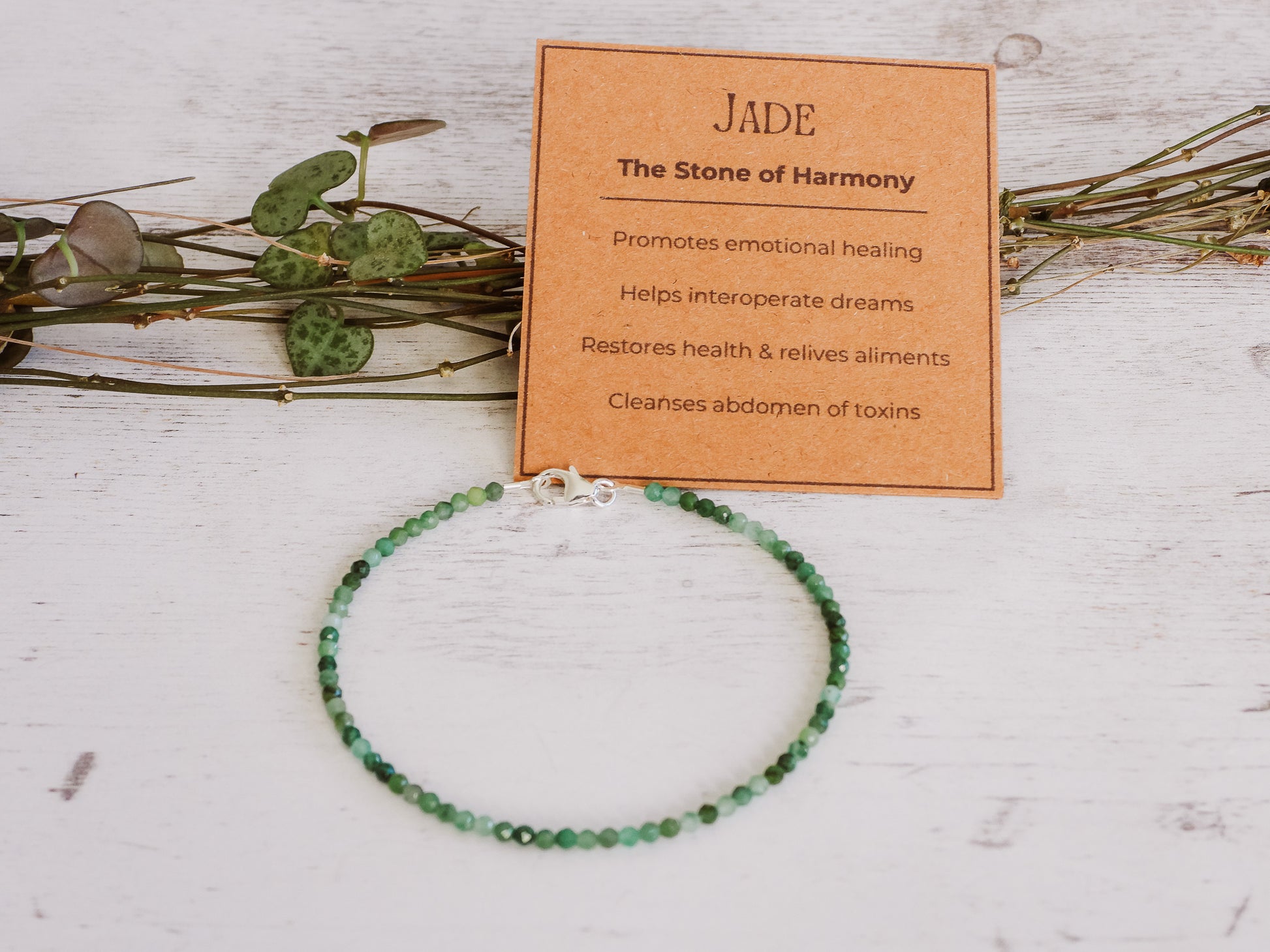 green jade crystal healing beaded stacking bracelet with card