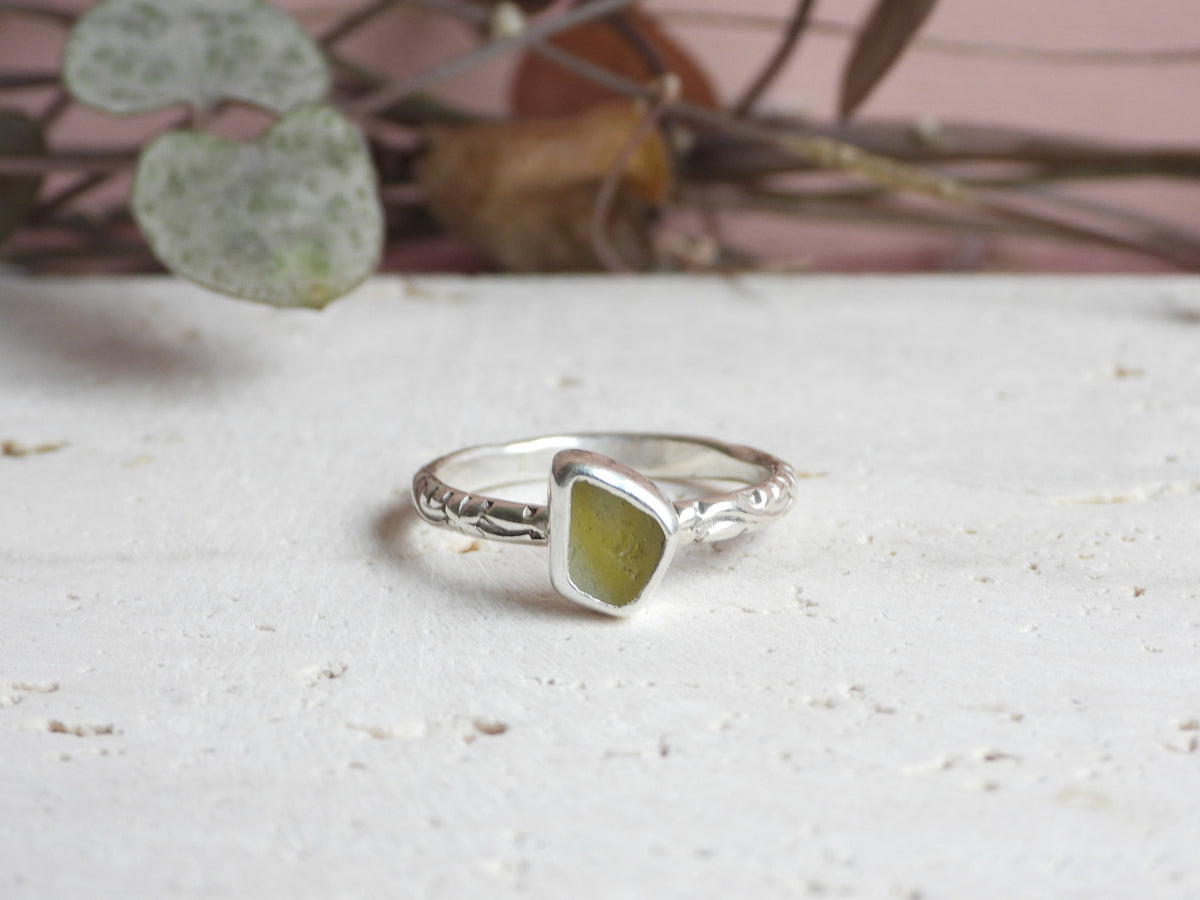 Yellow Cornish seaglass stacking ring in boho floral style with solid sterling silver