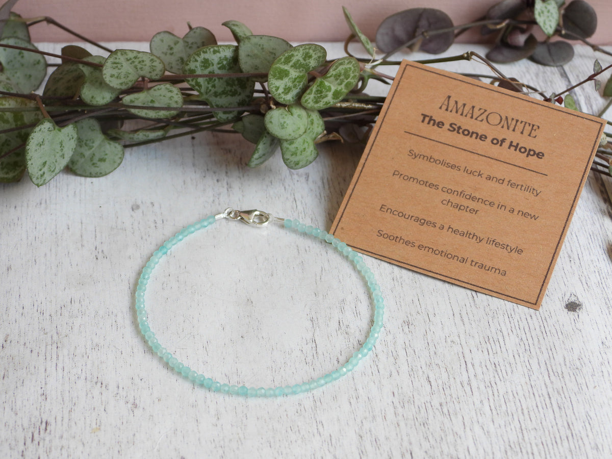 handmade amazonite crystal healing beaded bracelet with properties card 