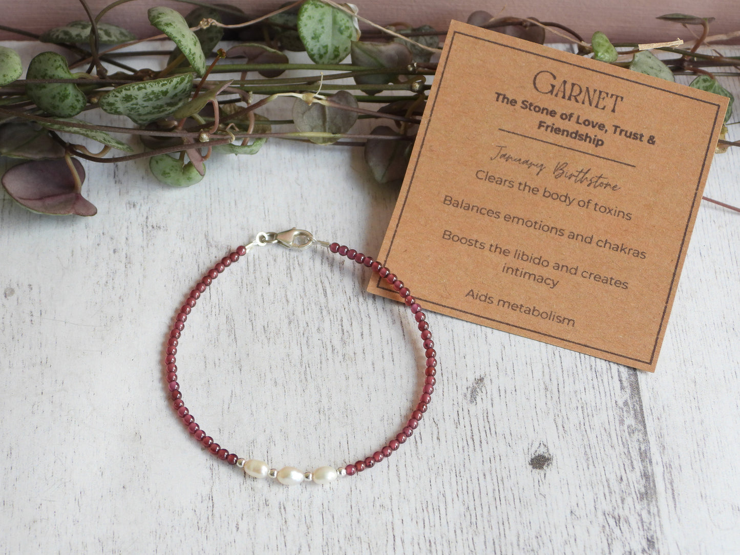 Dainty Garnet and Pearl Gemstone Bracelet | January Birthstone | Round Beads