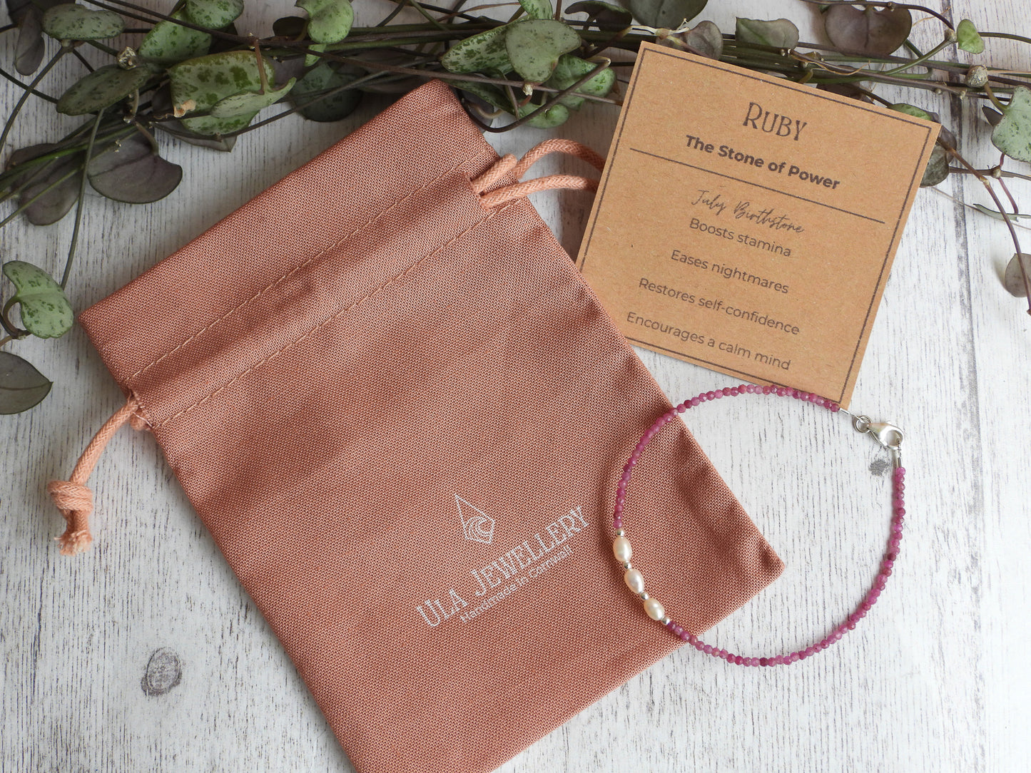 Dainty Ruby and Pearl Gemstone Bracelet | July Birthstone | Faceted Beads