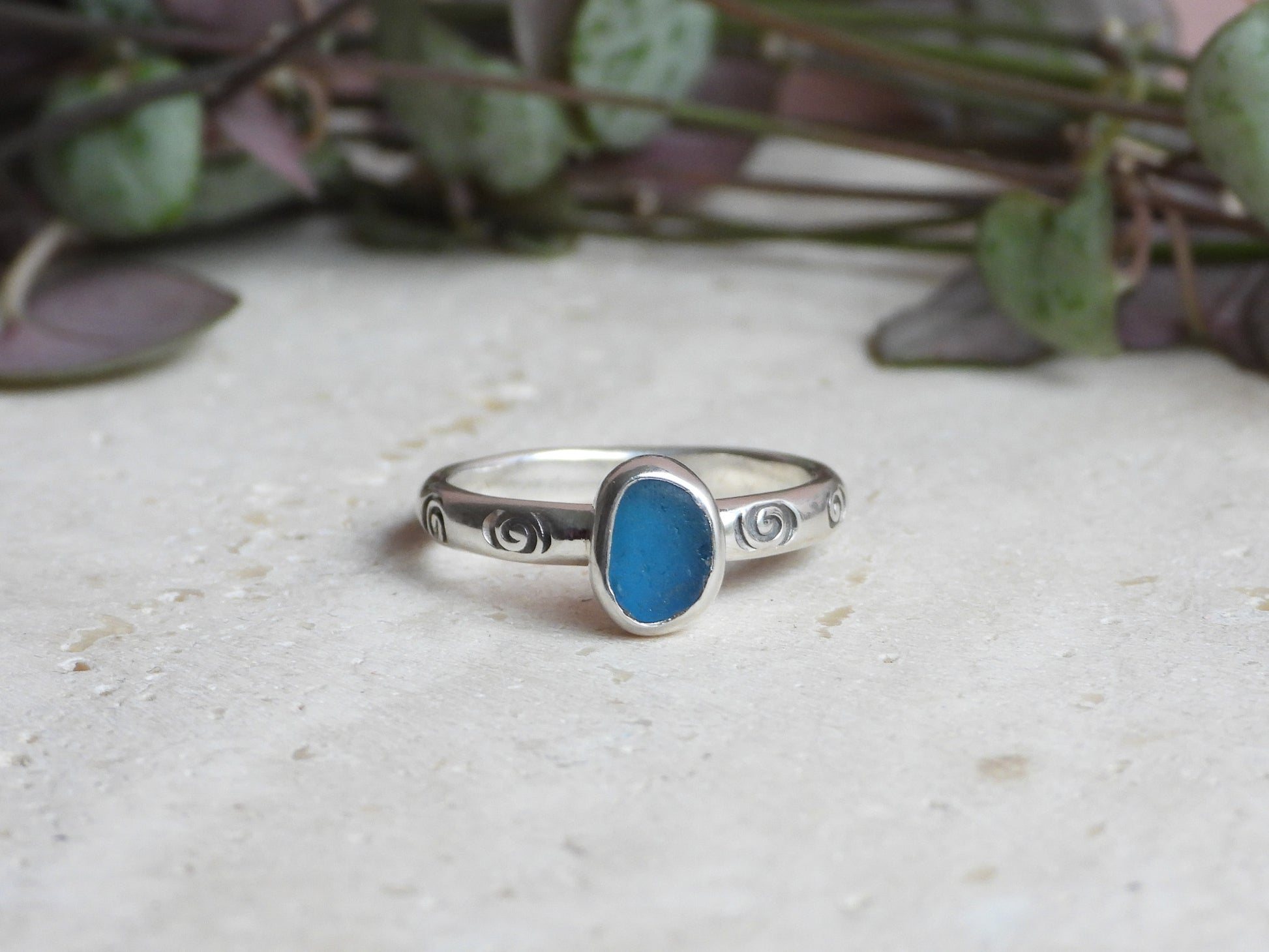 turquoise blue Cornish seaglass ring handmade in Cornwall