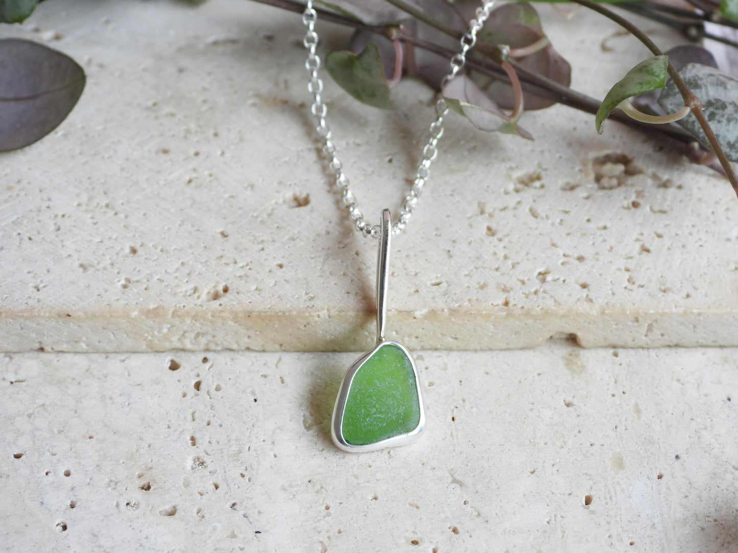 Dainty Cornish Green Sea Glass Necklace | Handmade Sterling Silver 925 | Coverack Cove