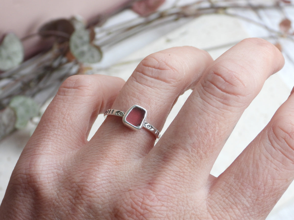 Pink Cornish Sea Glass Ring | Handstamped Boho Sterling Silver | Handmade in Cornwall | O 1/2