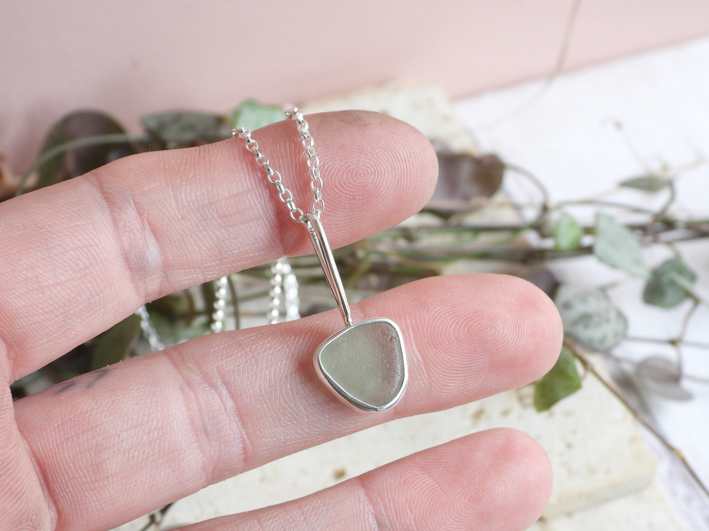 Dainty Cornish Sea Foam Green Sea Glass Necklace | Handmade Sterling Silver 925 | Perranporth Beach