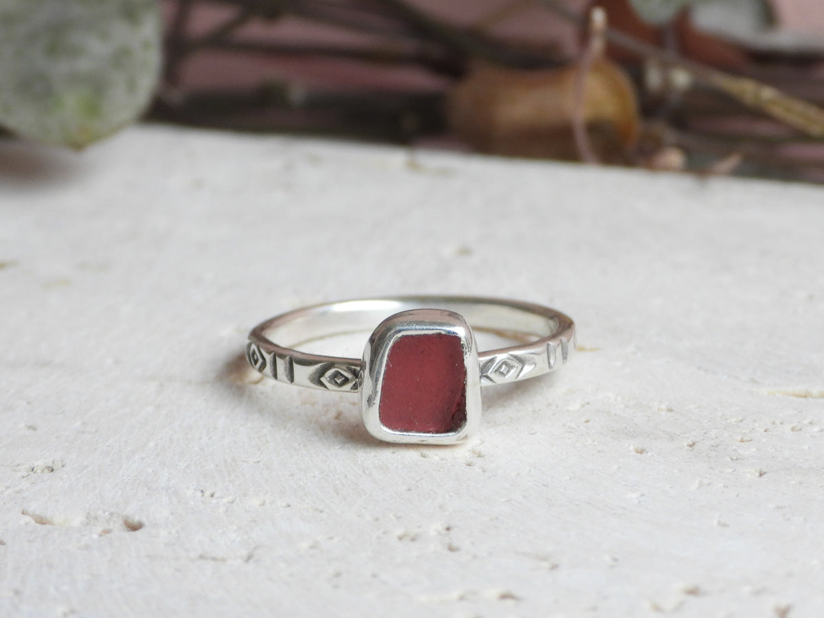 Pink Cornish Sea Glass Ring | Handstamped Boho Sterling Silver | Handmade in Cornwall | O 1/2