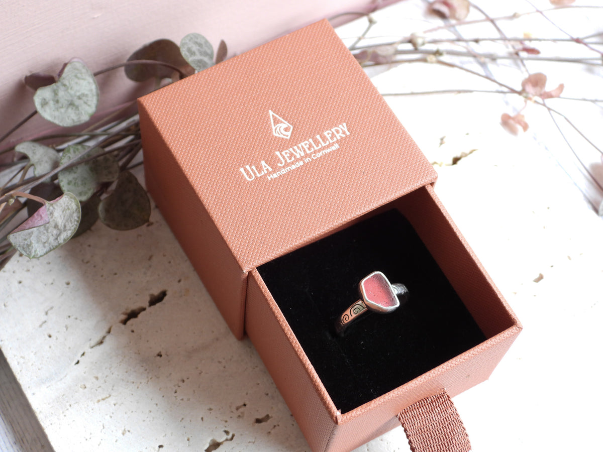 handmade Cornish seaglass ring rare pink colour, recycled silver 925