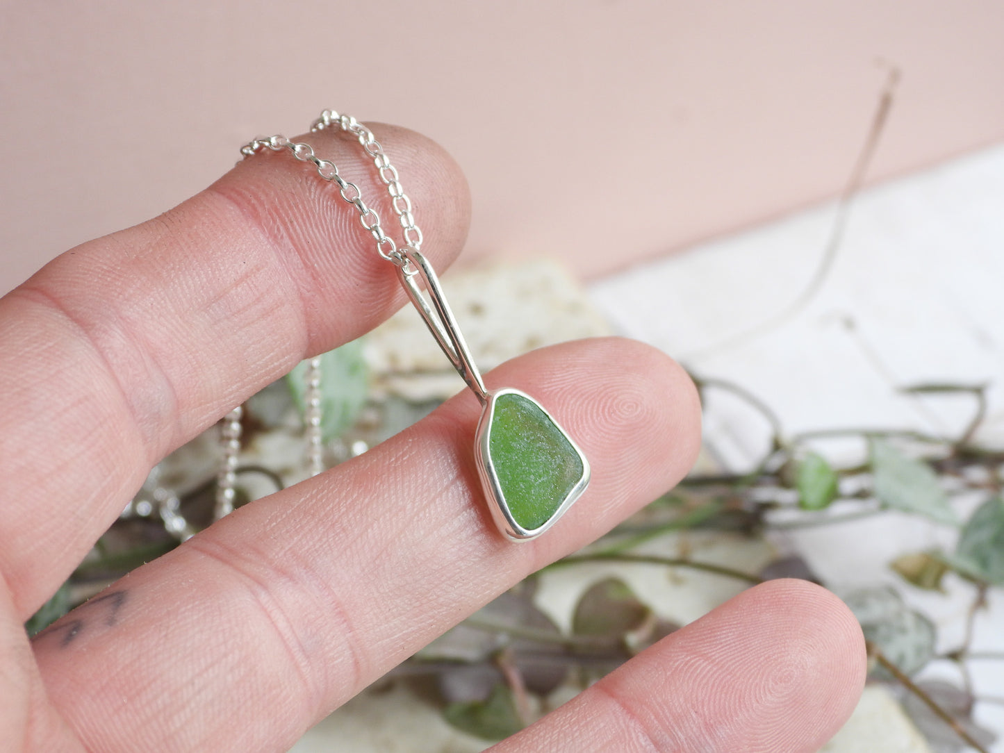 Dainty Cornish Green Sea Glass Necklace | Handmade Sterling Silver 925 | Coverack Cove