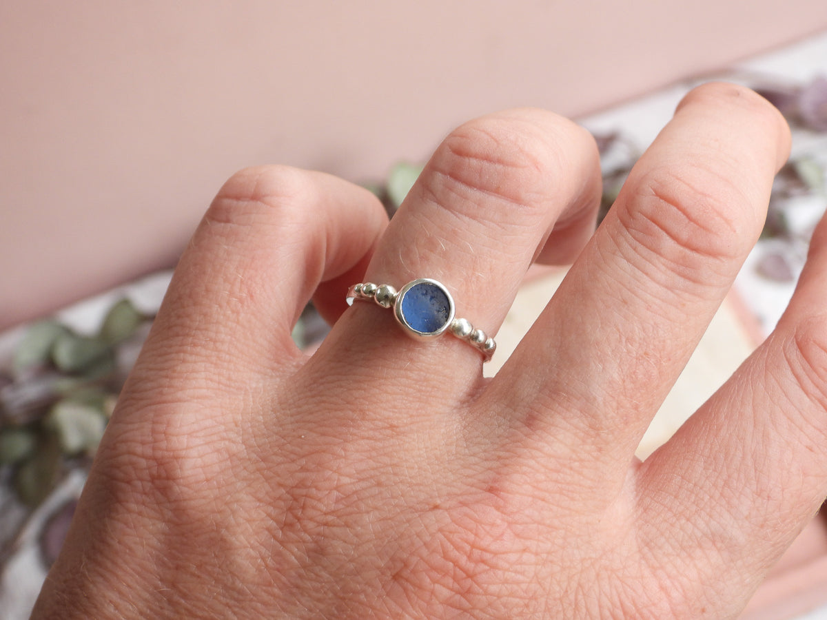 Cornish Cornflower Blue Seaglass Ring | Size P | Handmade in Cornwall