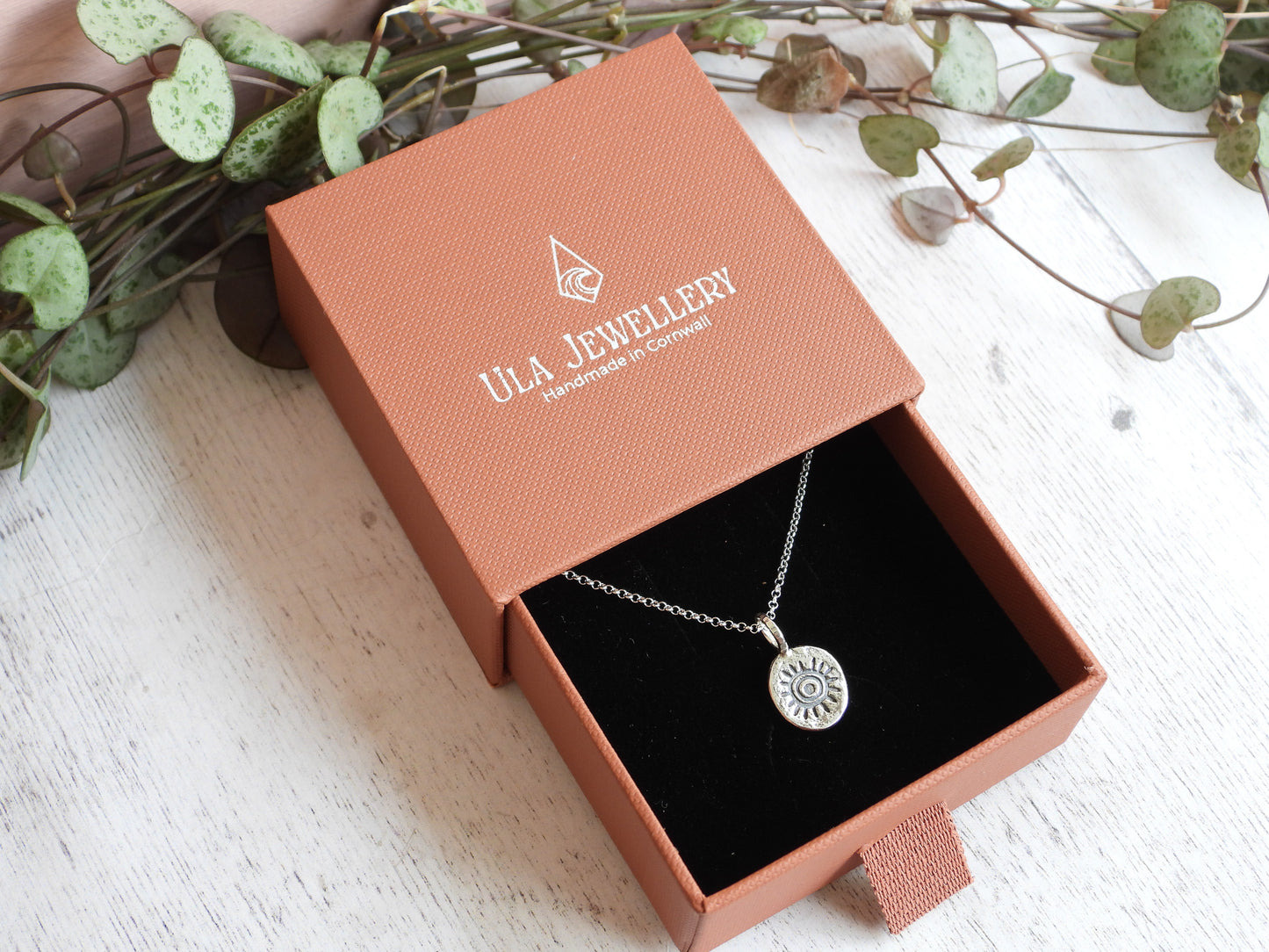 handmade in Cornwall by Ula Jewellery, sun charm necklace