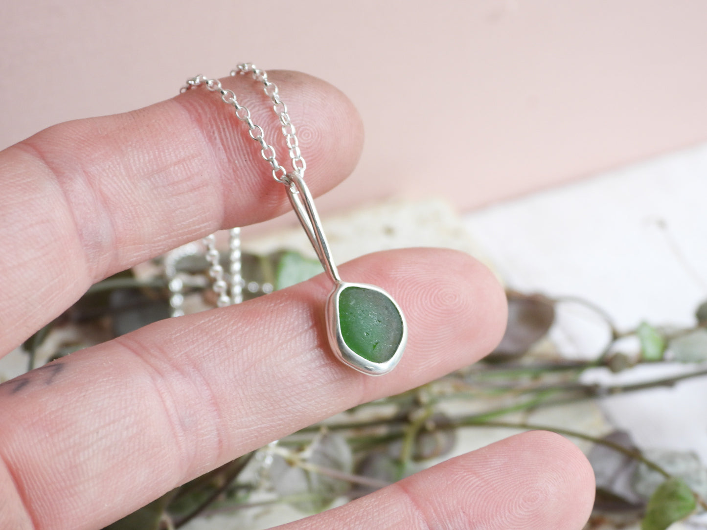 Dainty Cornish Green Sea Glass Necklace | Handmade Sterling Silver 925 | Praa Sands Beach