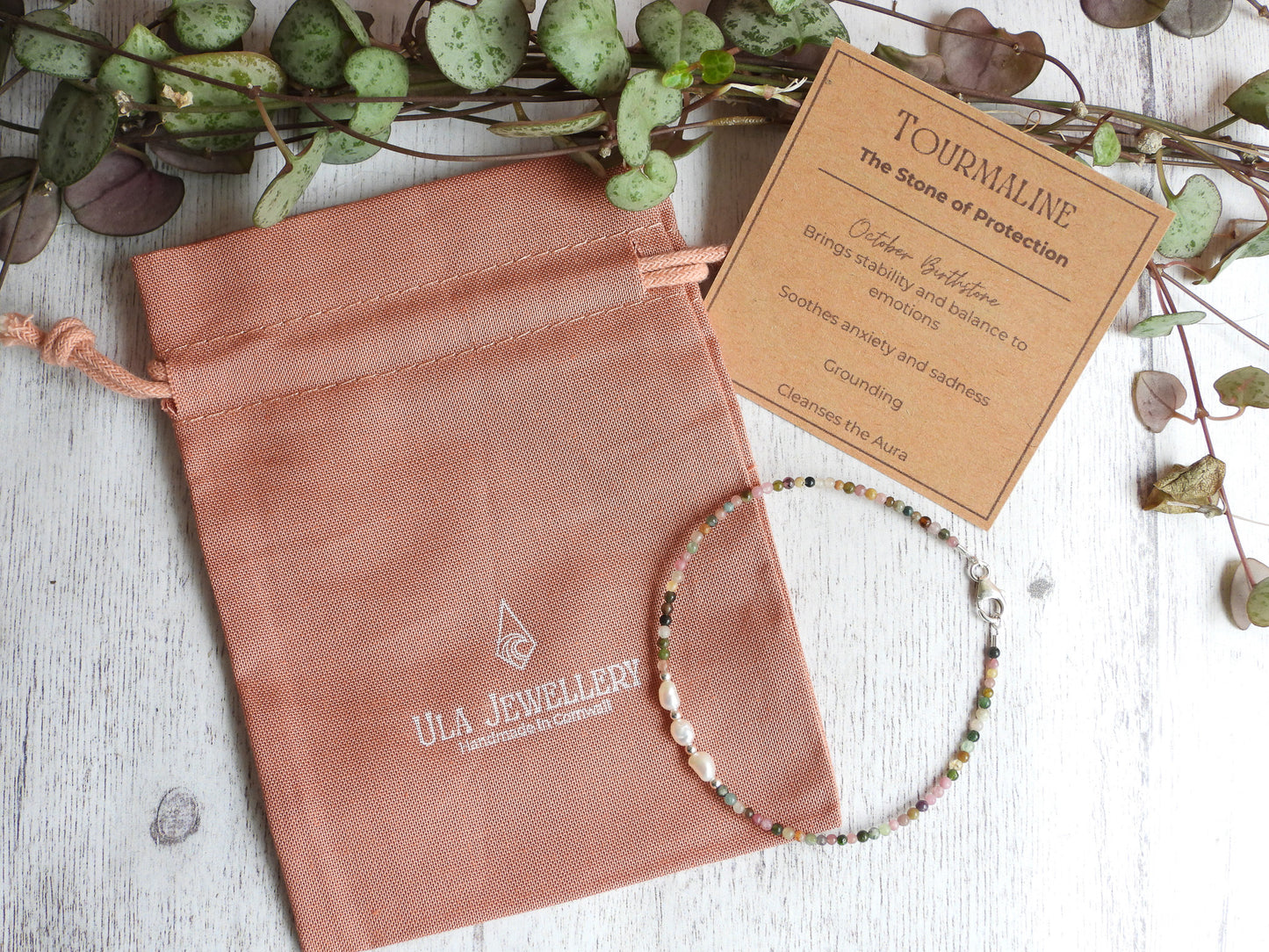 Dainty Tourmaline and Pearl Gemstone Bracelet | October Birthstone Birthstone | Round Beads