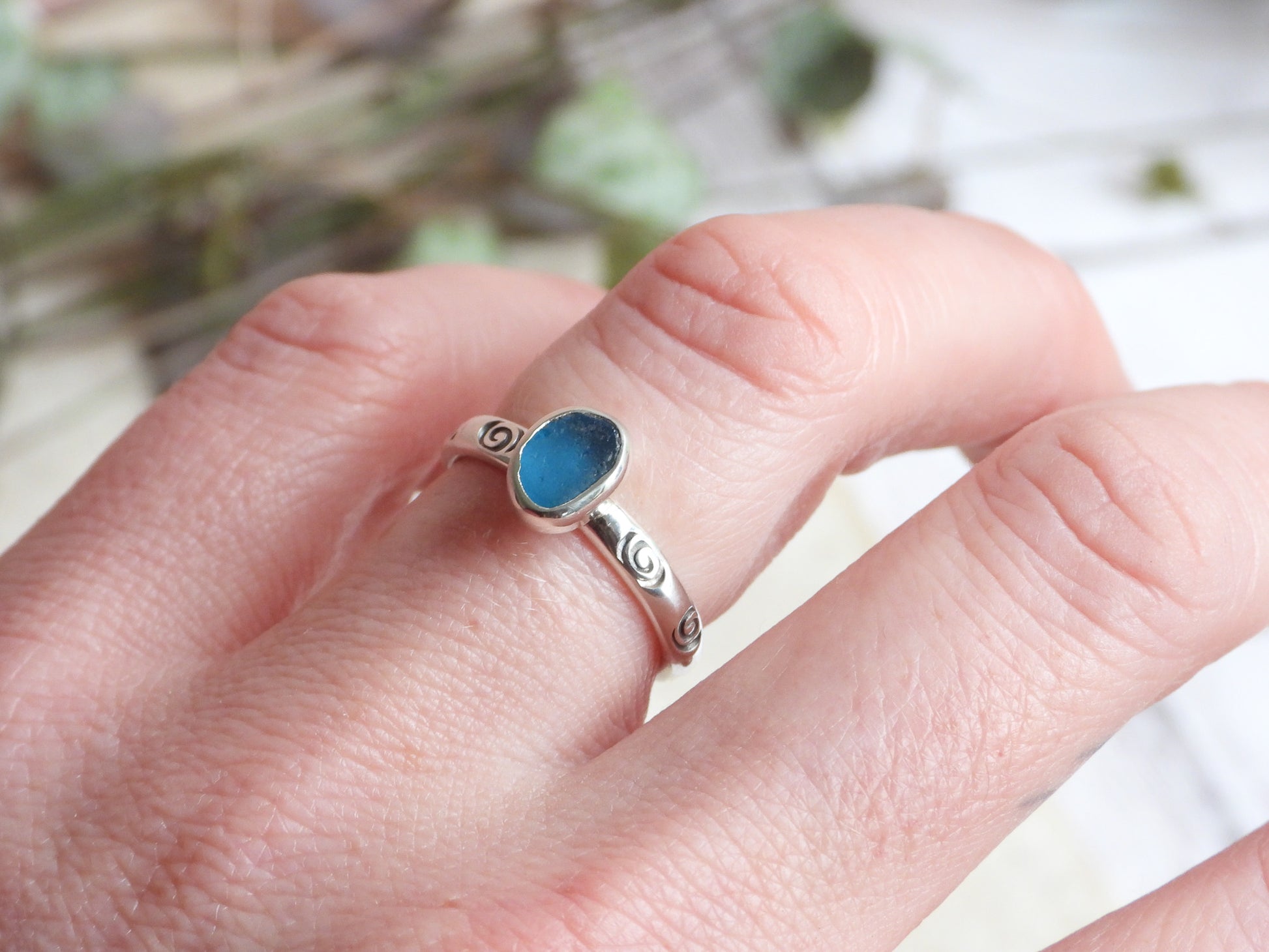 handmade in Cornwall, rare Cornish blue seaglass stacking ring made with recycled 925 silver
