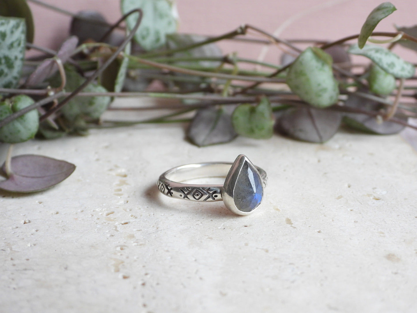 Labradorite Teardrop Gemstone Ring | Size O | Recycled Sterling Silver