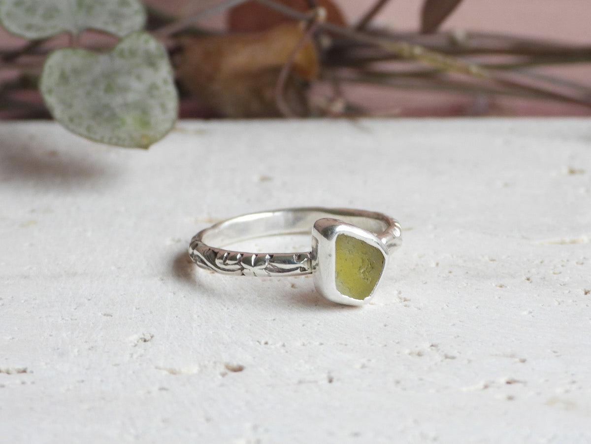 handmade yellow Cornish seaglass stacking ring, rare uranium uv seaglass