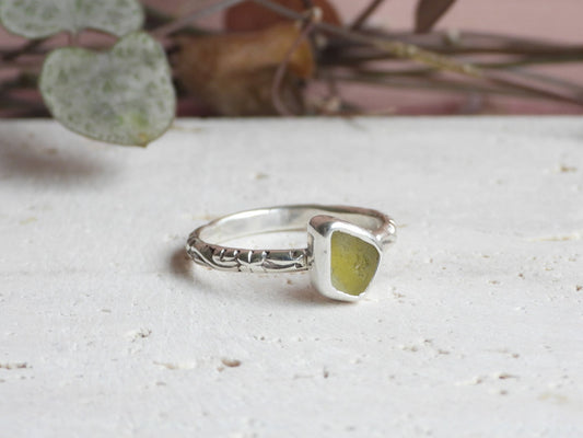 handmade yellow Cornish seaglass stacking ring, rare uranium uv seaglass