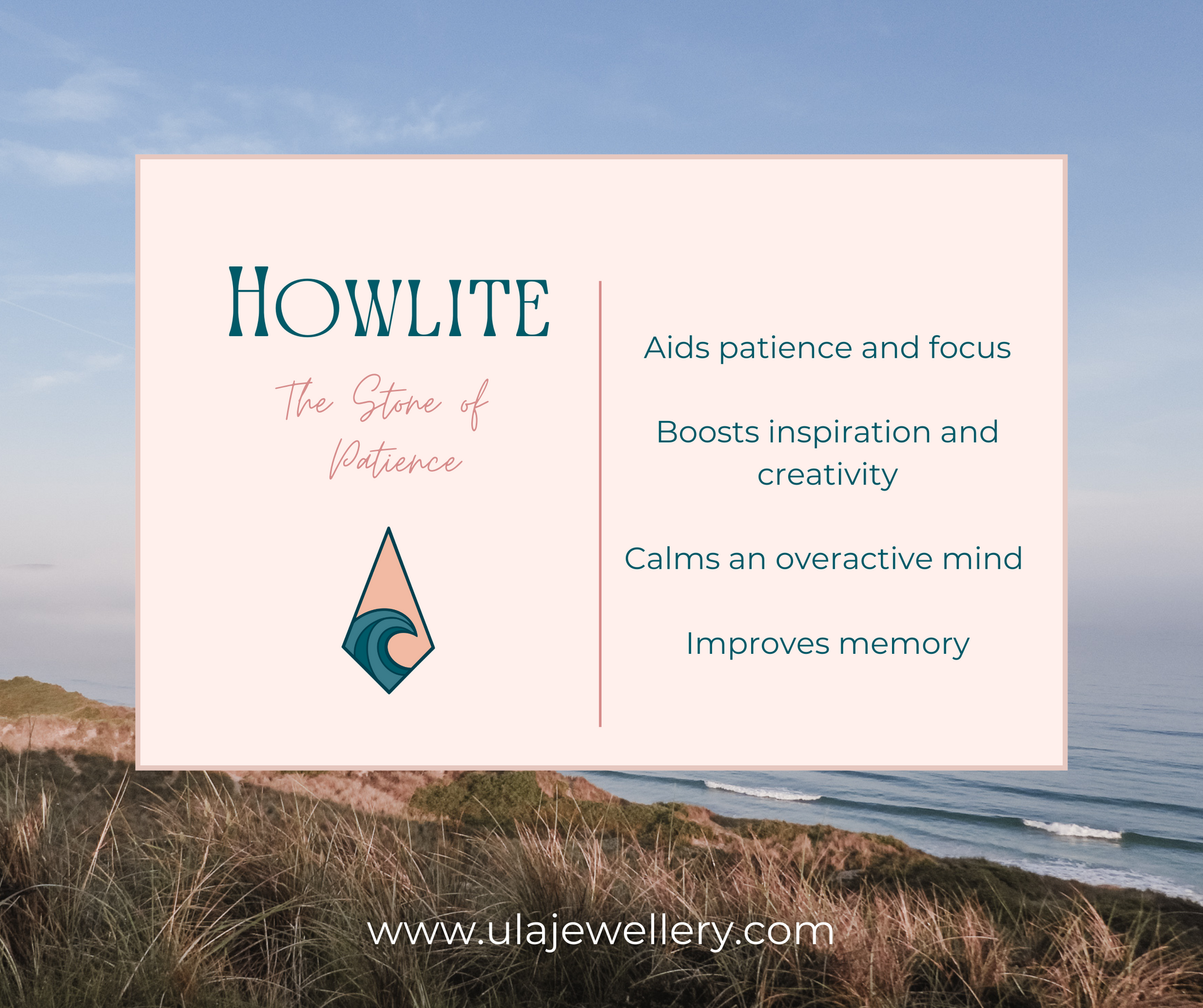 howlite gemestone crystal healing info graphic by ula jewellery cornwall