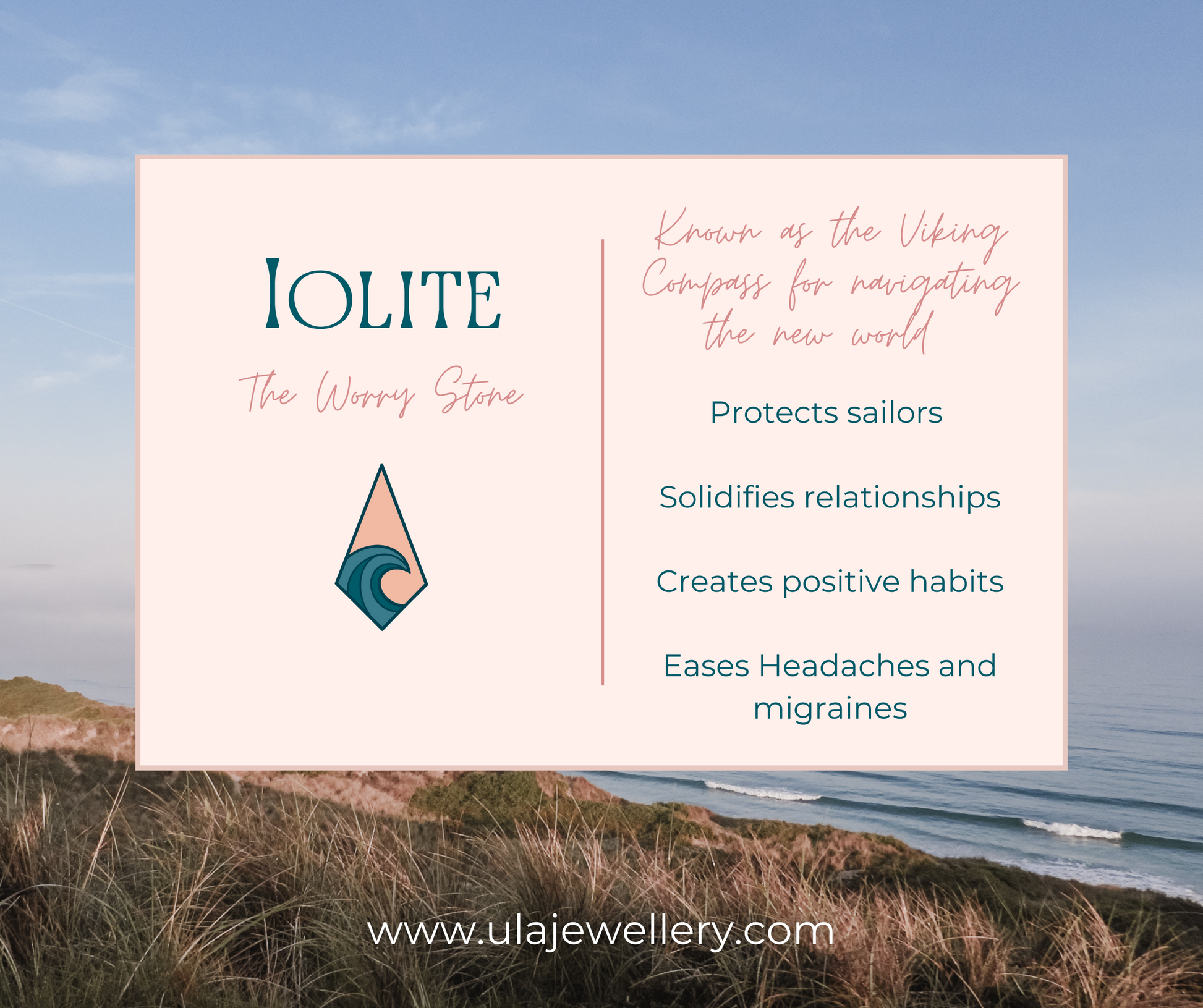iolite crystal healing properties infographic by Ula Jewellery Cornwall