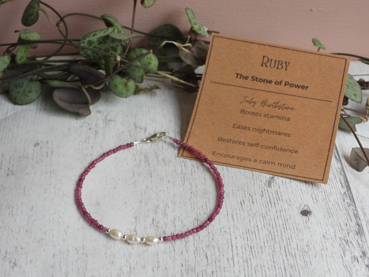 Dainty Ruby and Pearl Gemstone Bracelet | July Birthstone | Faceted Beads