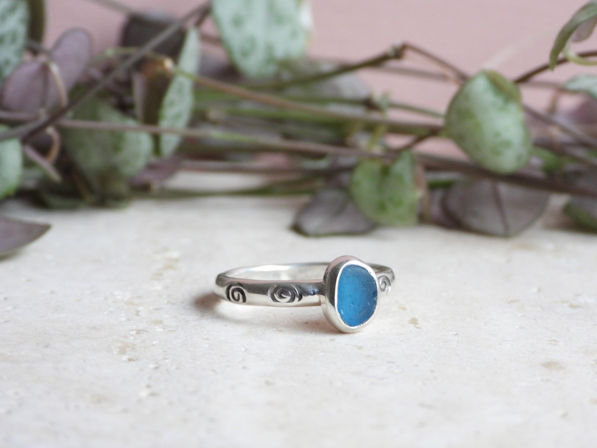 seaglass found on Marazion, recycled sterling silver ring