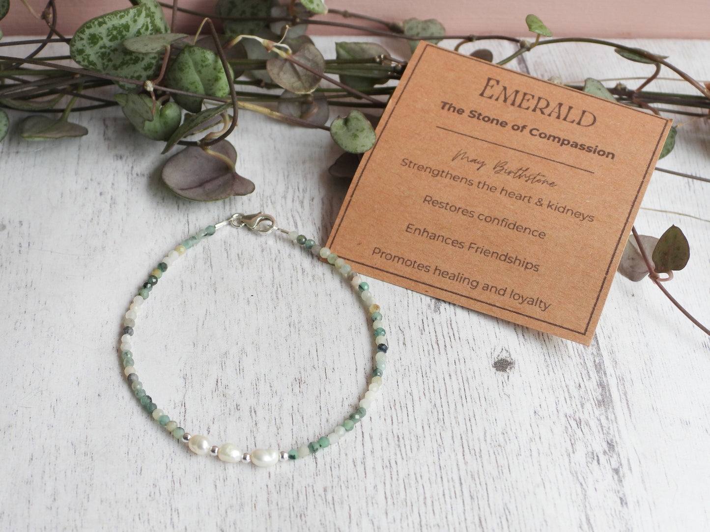 Dainty Emerald and Pearl Gemstone Bracelet | May Birthstone | Faceted Beads