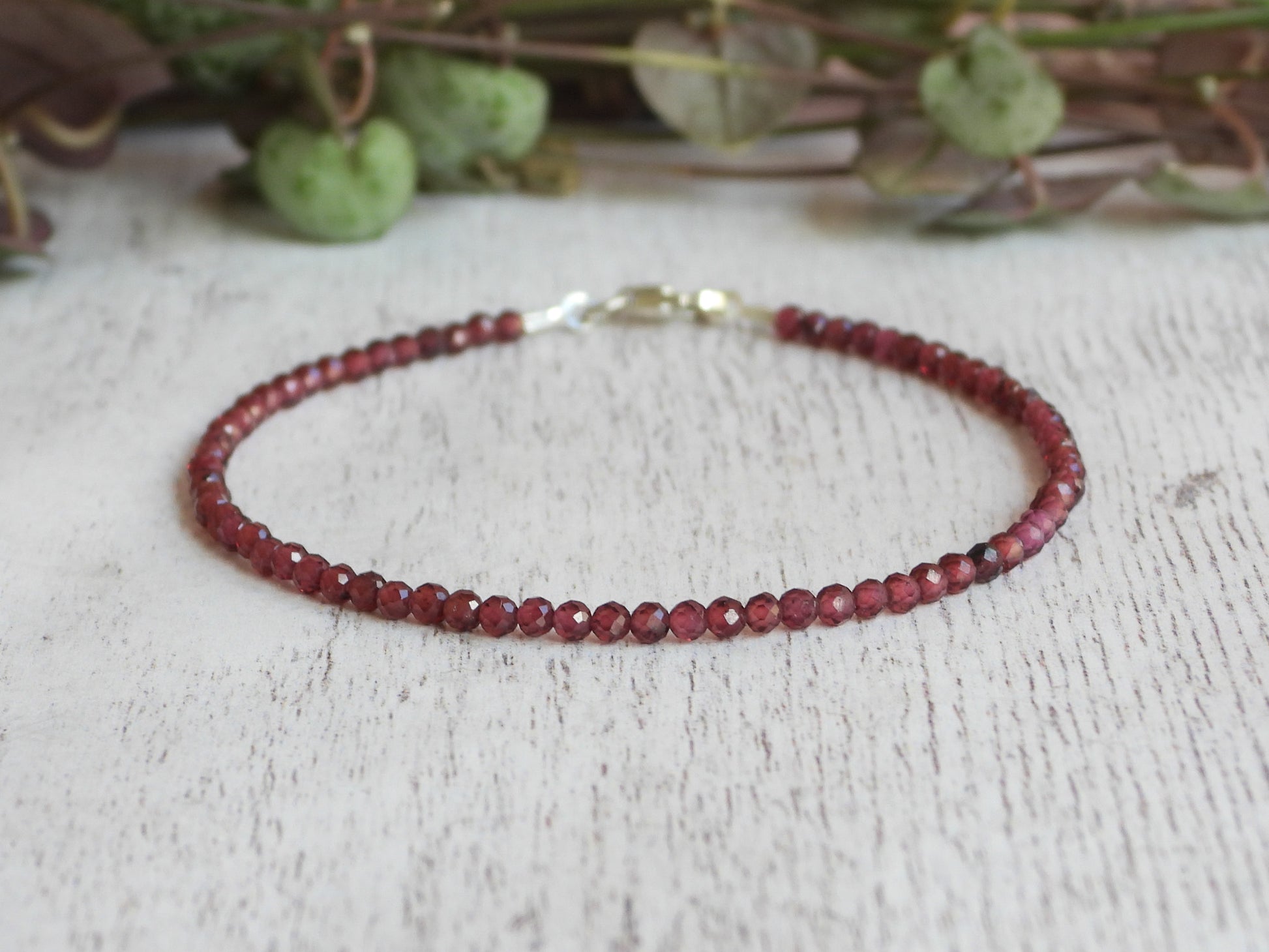 minimalist and dainty garnet gemstone beaded stacking bracelet