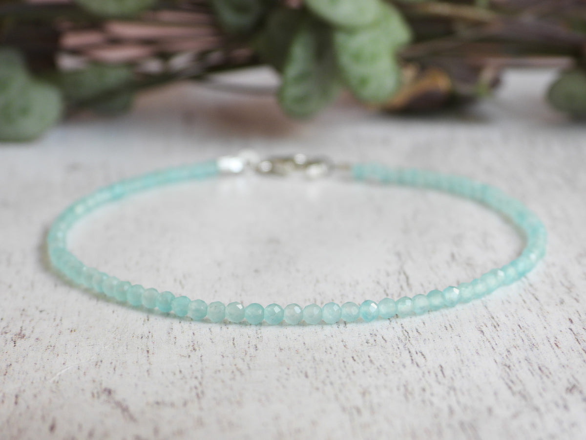 minimalist and delicate amazonite blue gemstone beaded bracelet with faceted beads