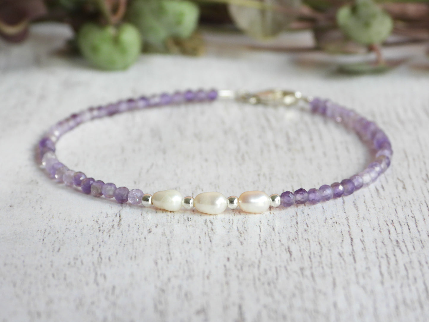 minimalist amethyst birthstone and pearl handmade gift bracelet