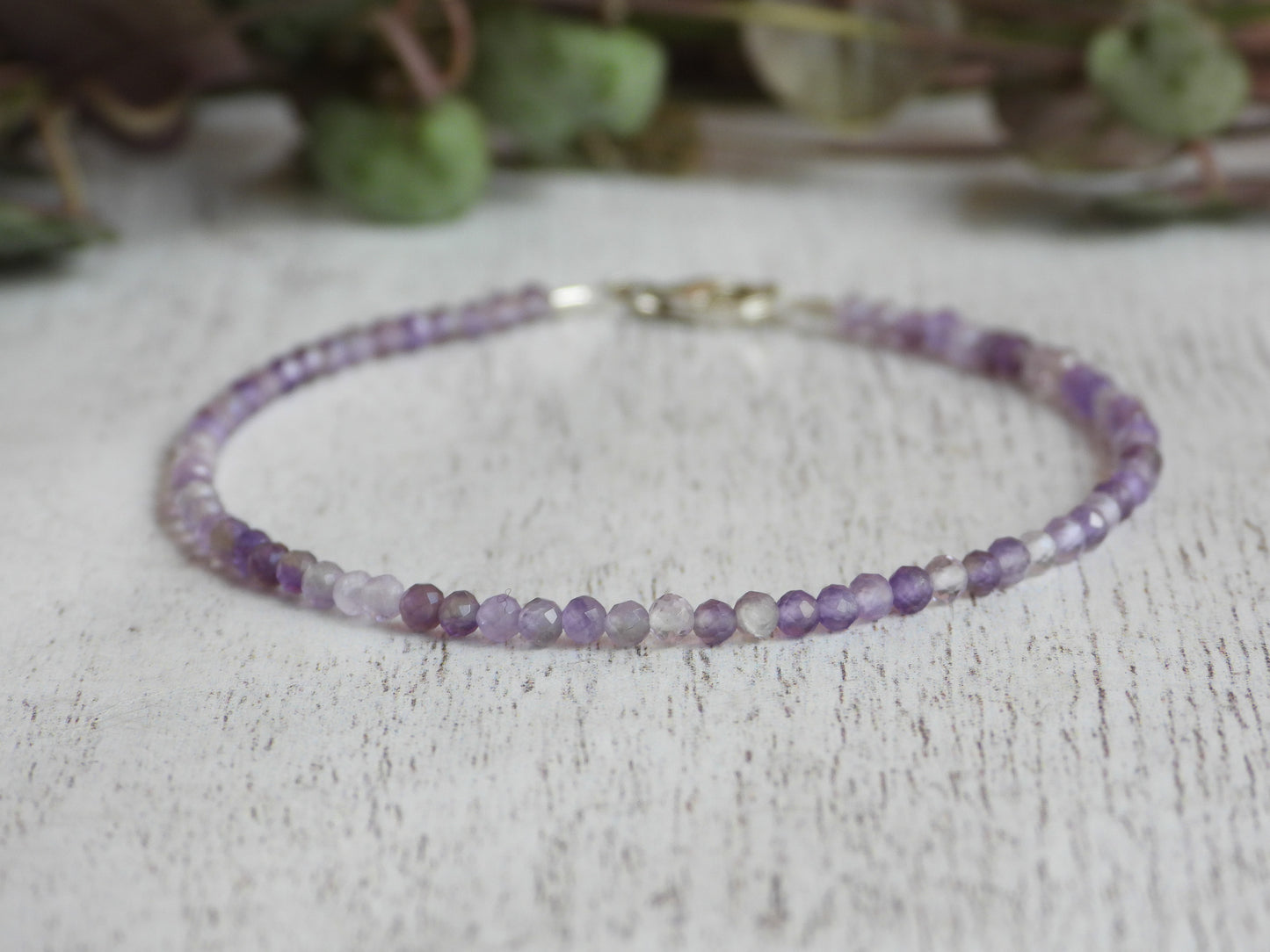 minimalist everyday February birthstone beaded bracelet with sterling silver clasp