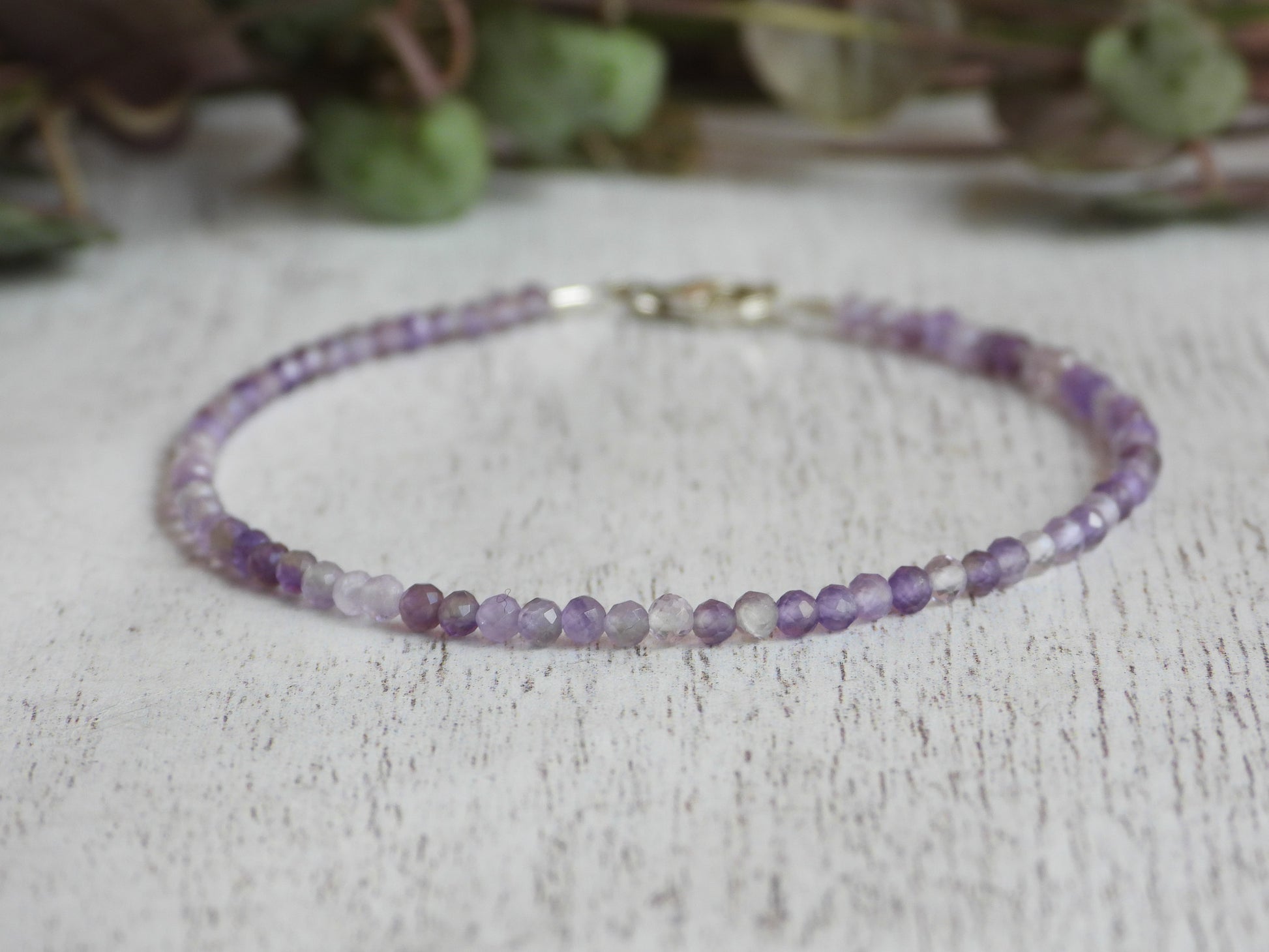 minimalist everyday February birthstone beaded bracelet with sterling silver clasp
