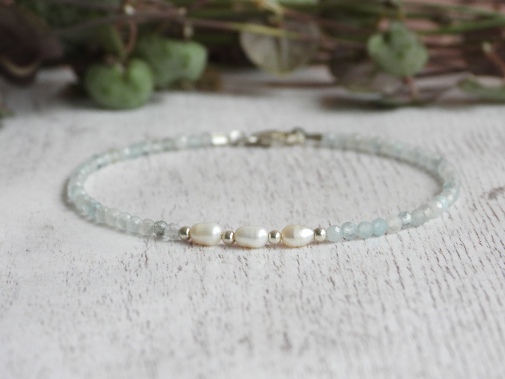 minimalist aqumarine and pearl handmade beaded bracelet with 925 silver