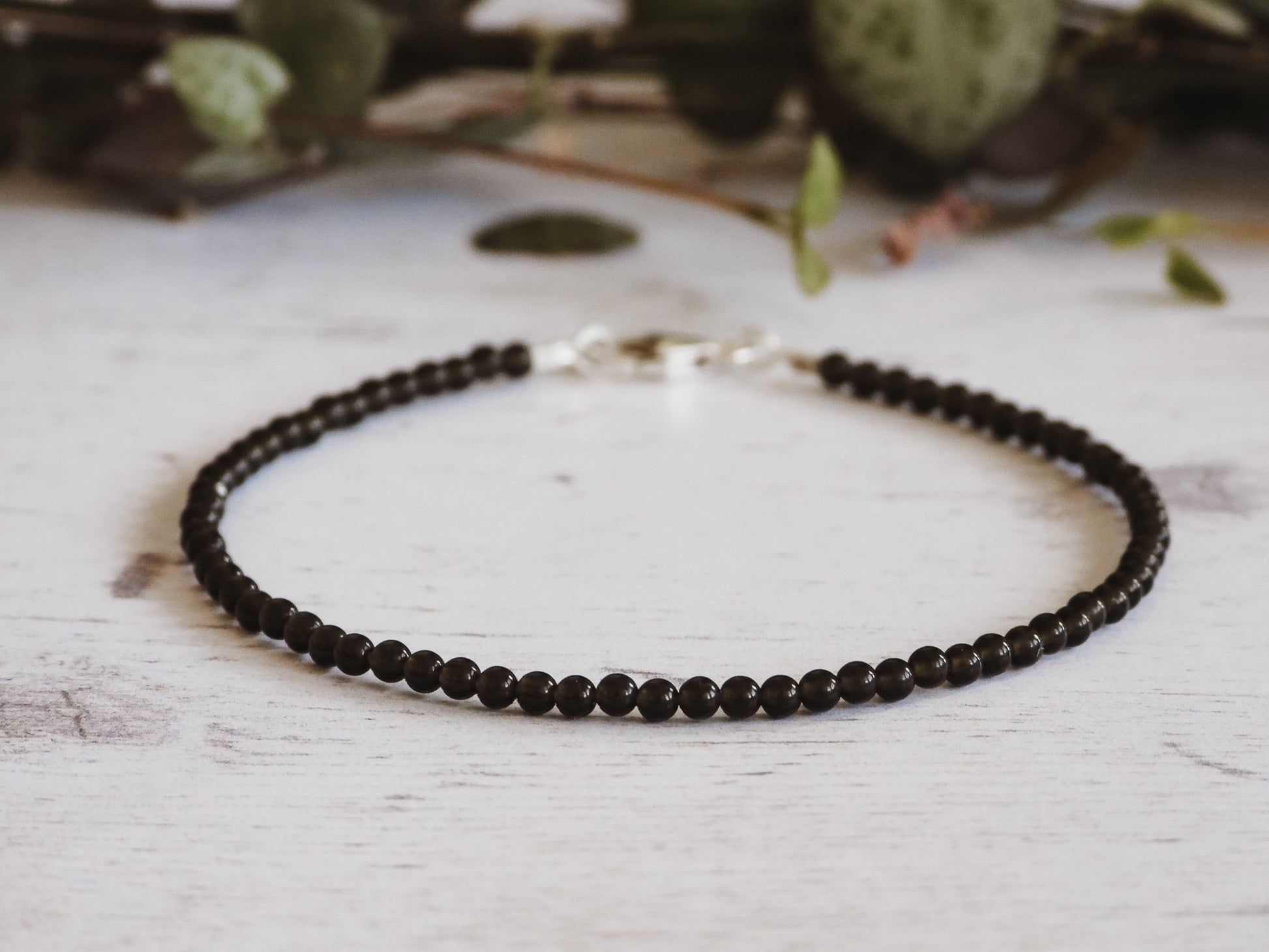 2mm obsidian gemstone beaded bracelet with sterling silver clasp