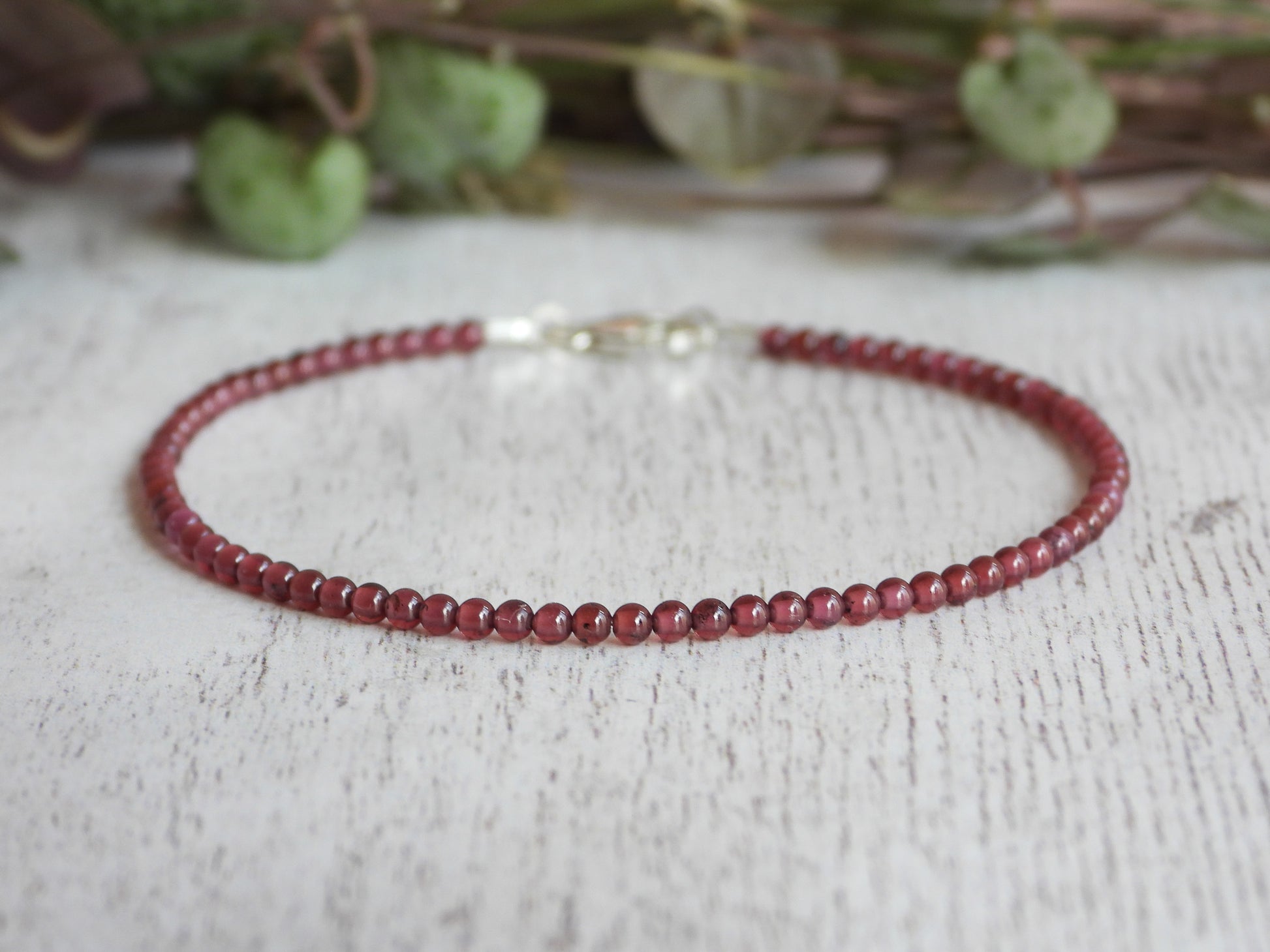 minimalist 2mm garnet gemstone beaded bracelet handmade in Cornwall