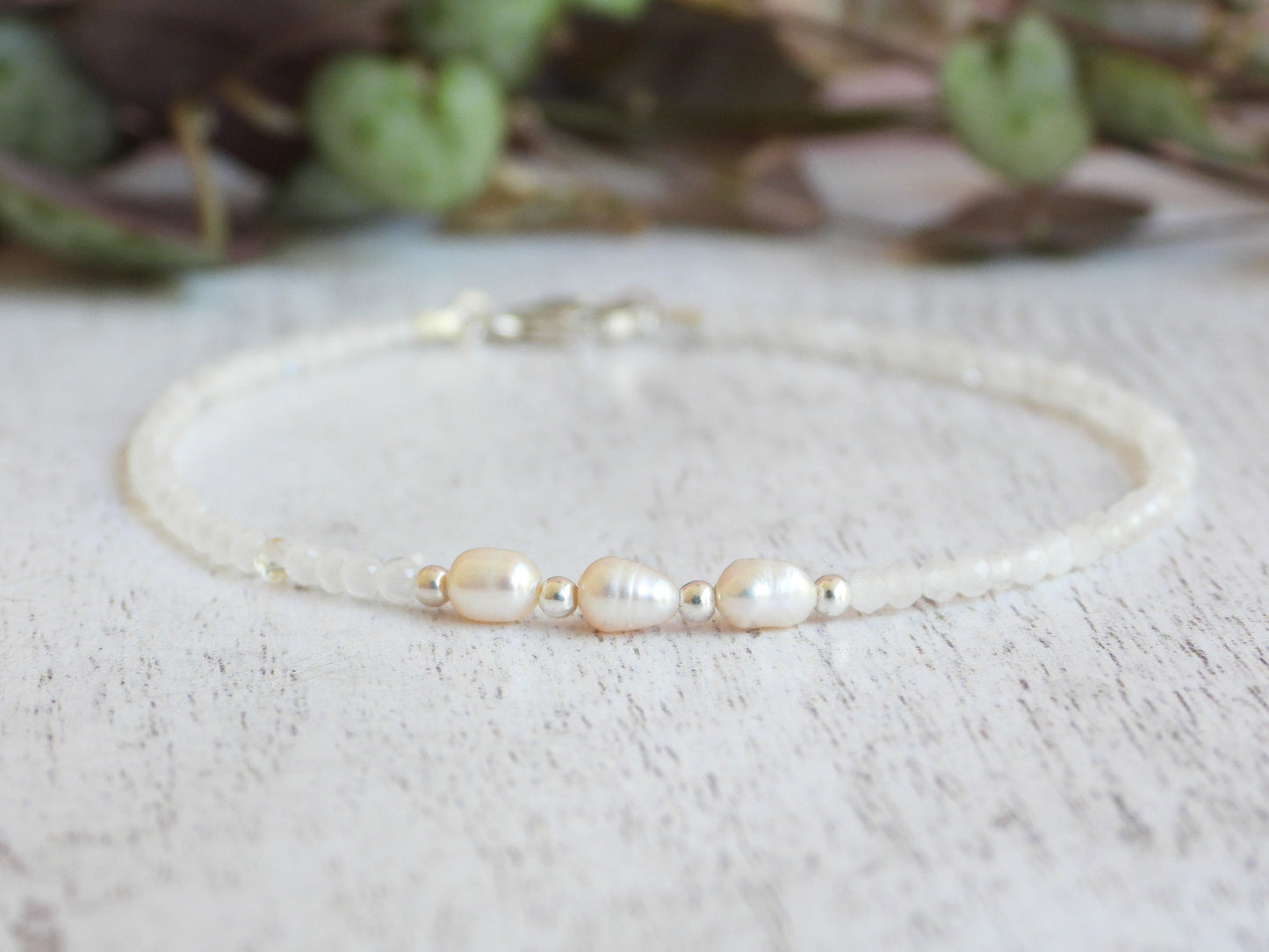 minimalist rainbow moonstone handmade boho style bracelet with sterling silver beads