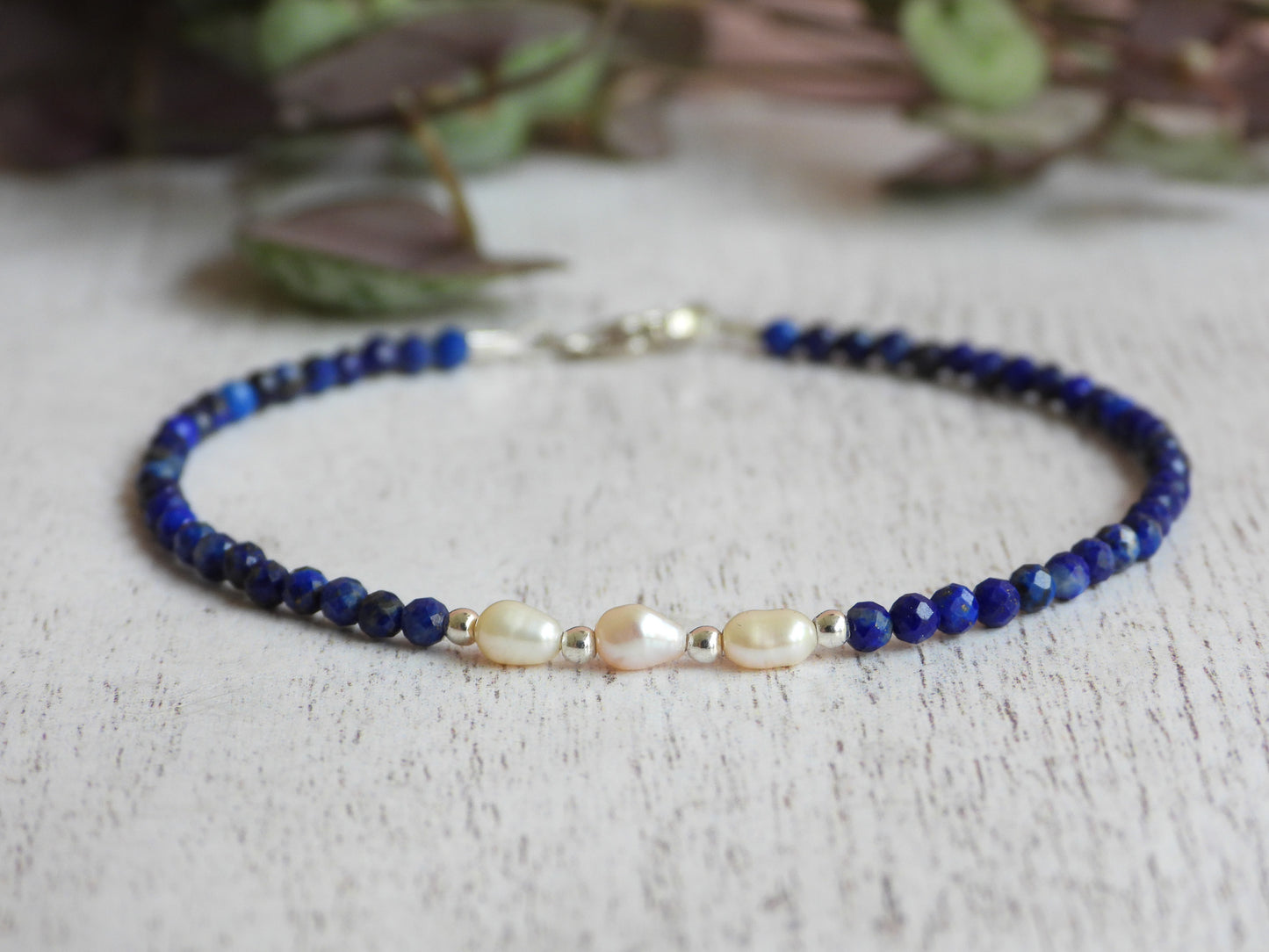 minimalist lapis lazuli and pearl dainty bohemian bracelet