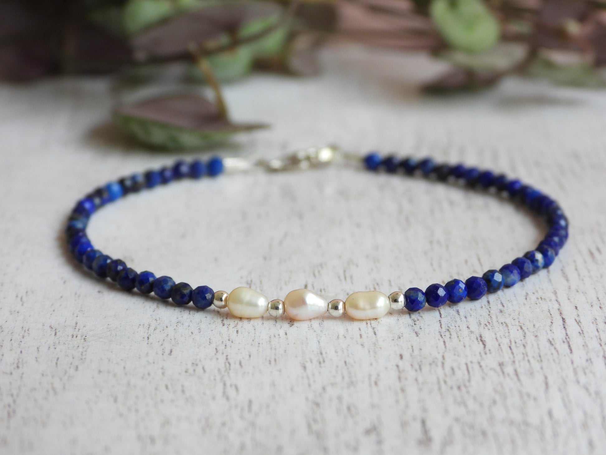 minimalist lapis lazuli and pearl dainty bohemian bracelet