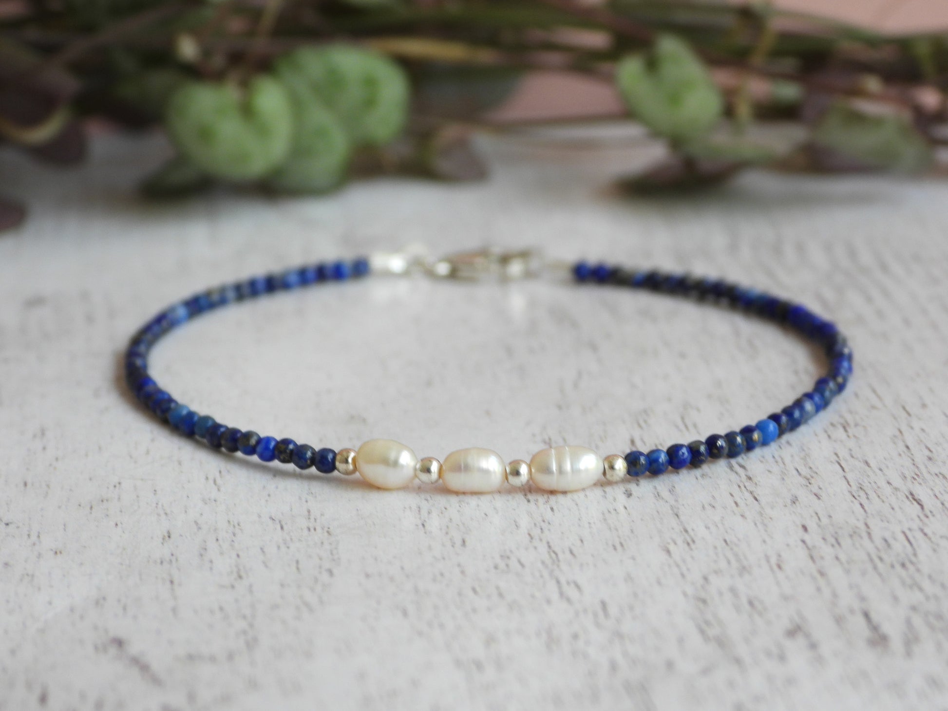 minimalist lapis lazuli September birthstone bracelet with sterling silver clasp