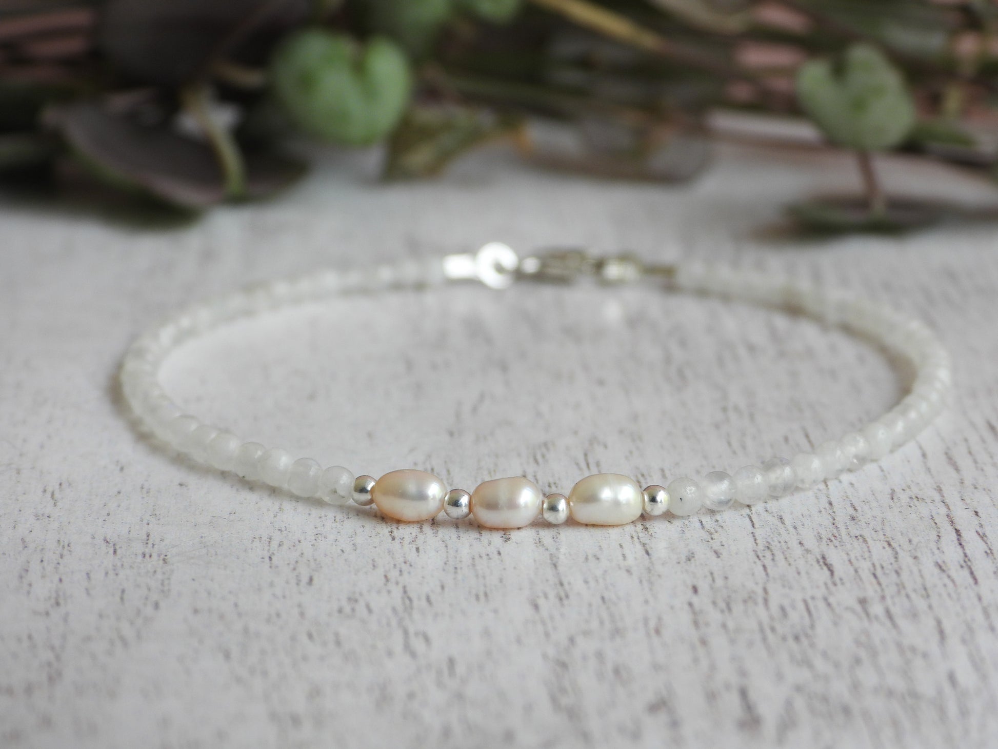 minimalist June birthstone, moonstone gemstone beaded bracelet with sterling silver beads