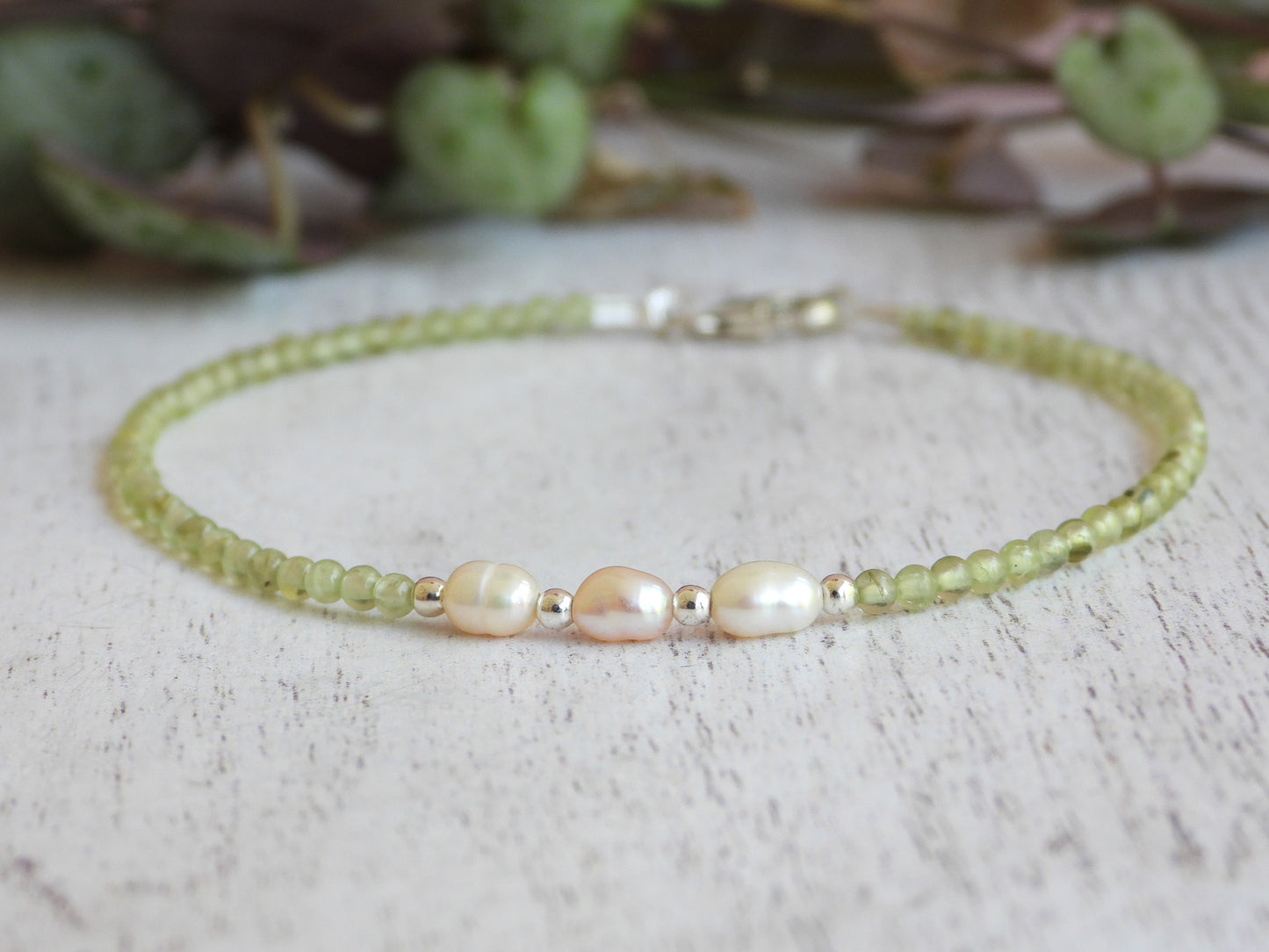 minimalist and dainty peridot August birthstone handmade bracelet with freshwater pearls