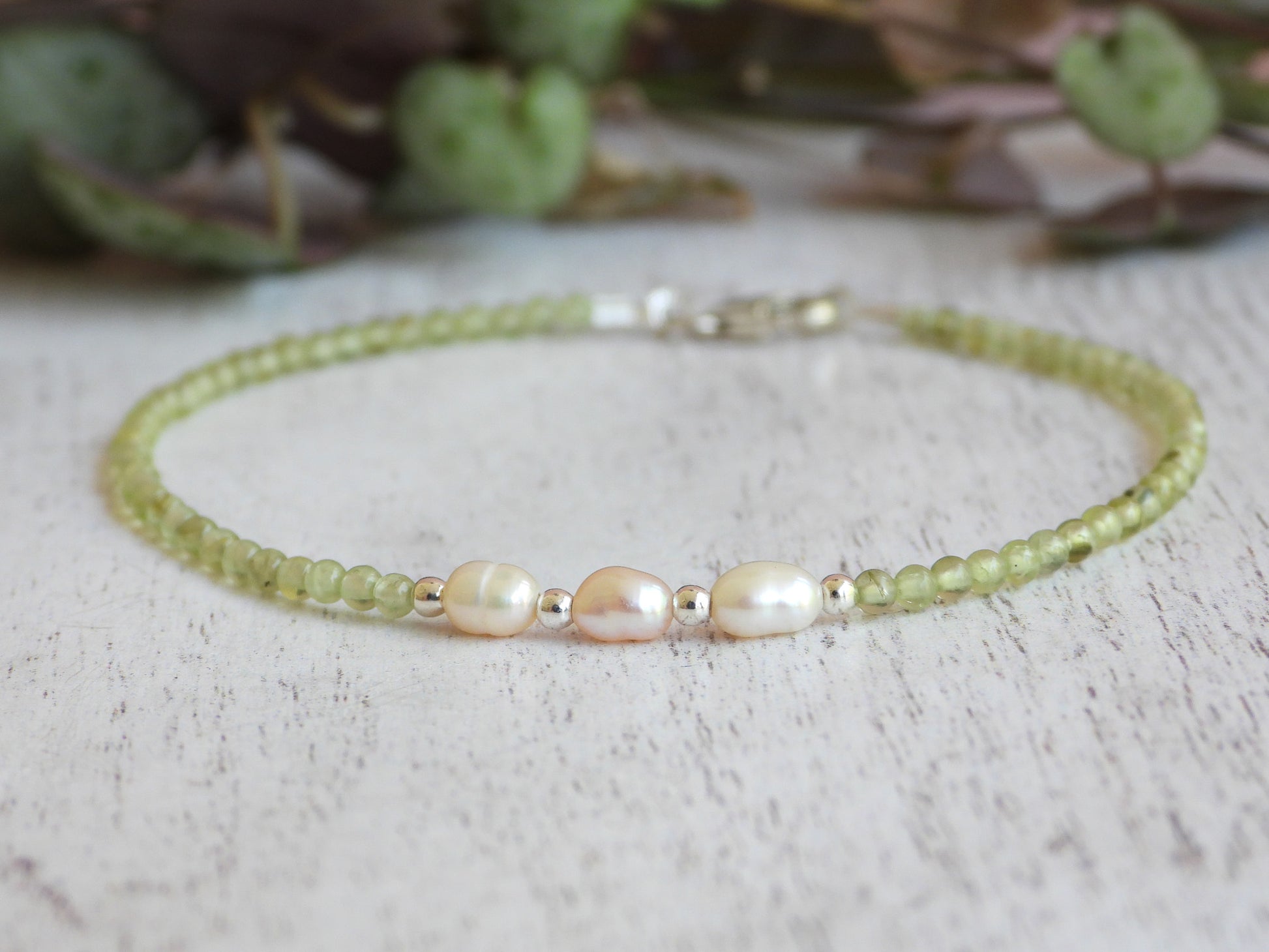minimalist and dainty peridot August birthstone handmade bracelet with freshwater pearls