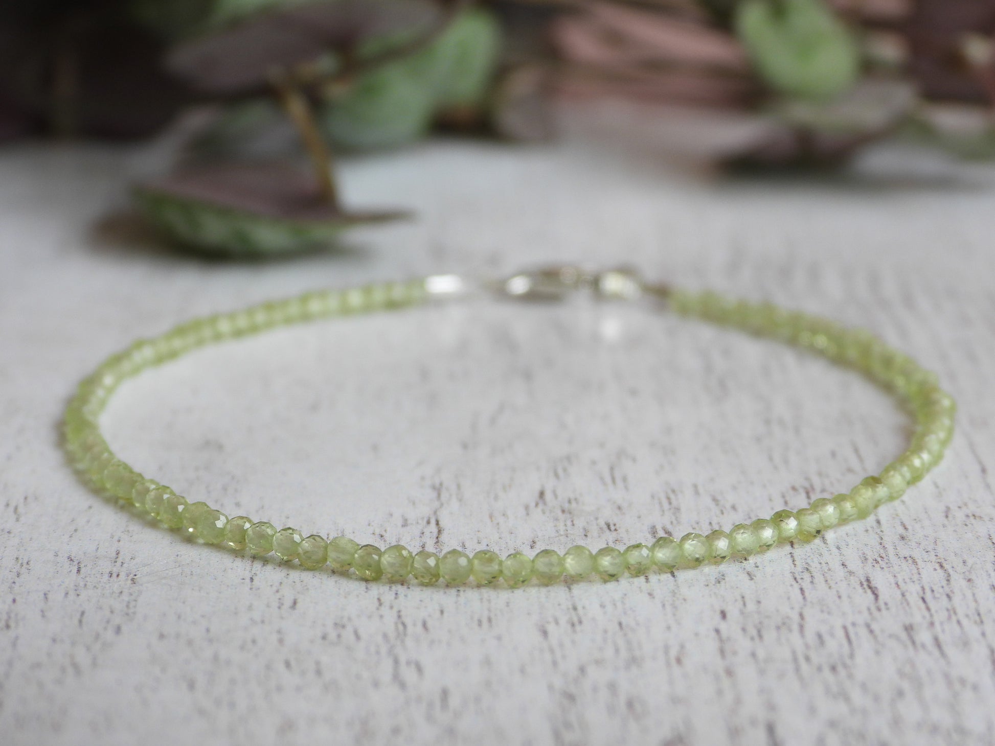 minimalist peridot gemstone beaded bracelet handmade and dainty