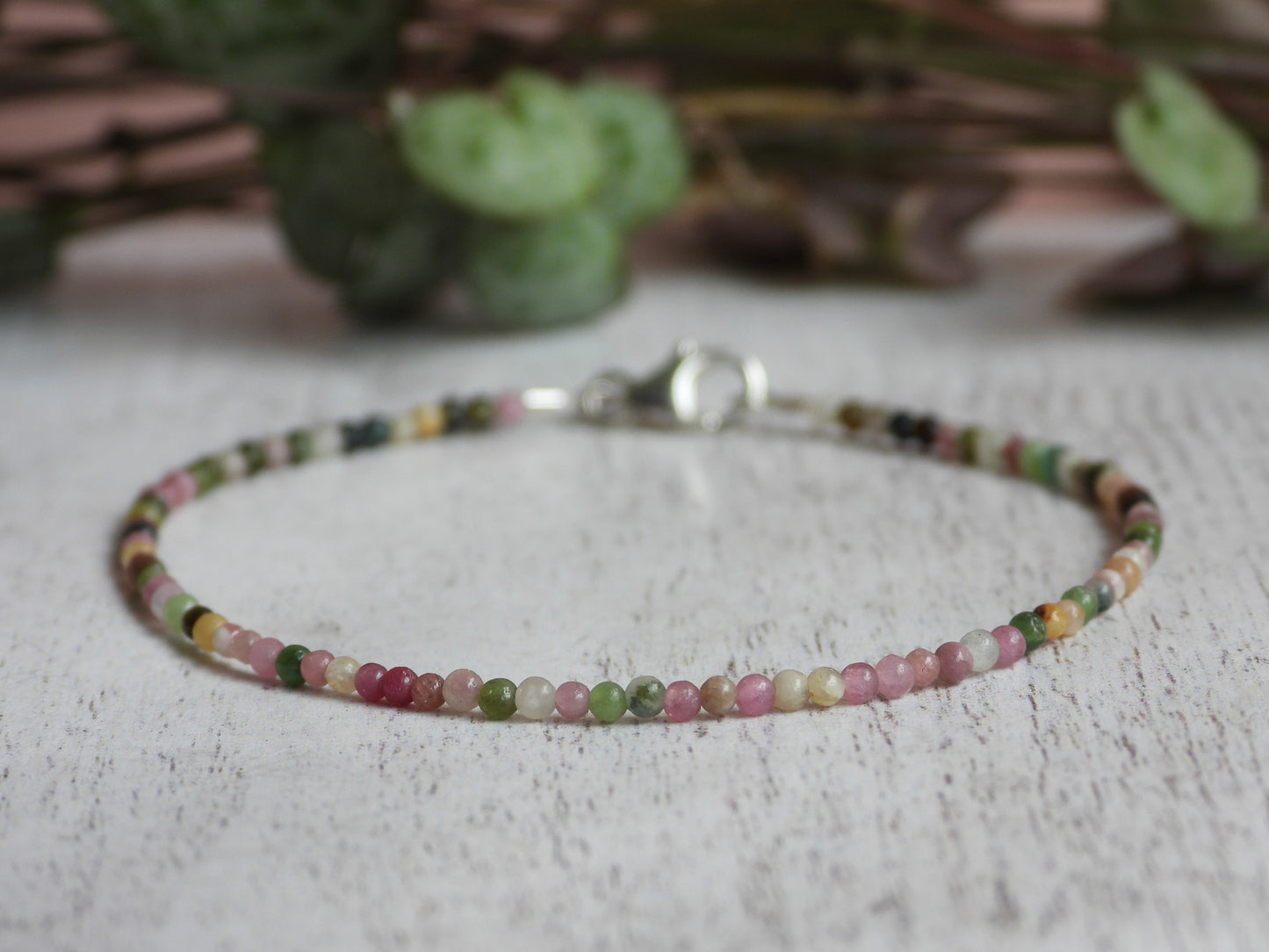 minimalist tourmaline gemstone beaded bracelet with 2mm dainty beads