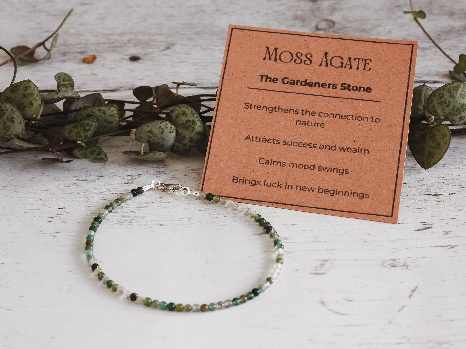moss agate crystal healing gemstone bracelet with sterling silver clasp