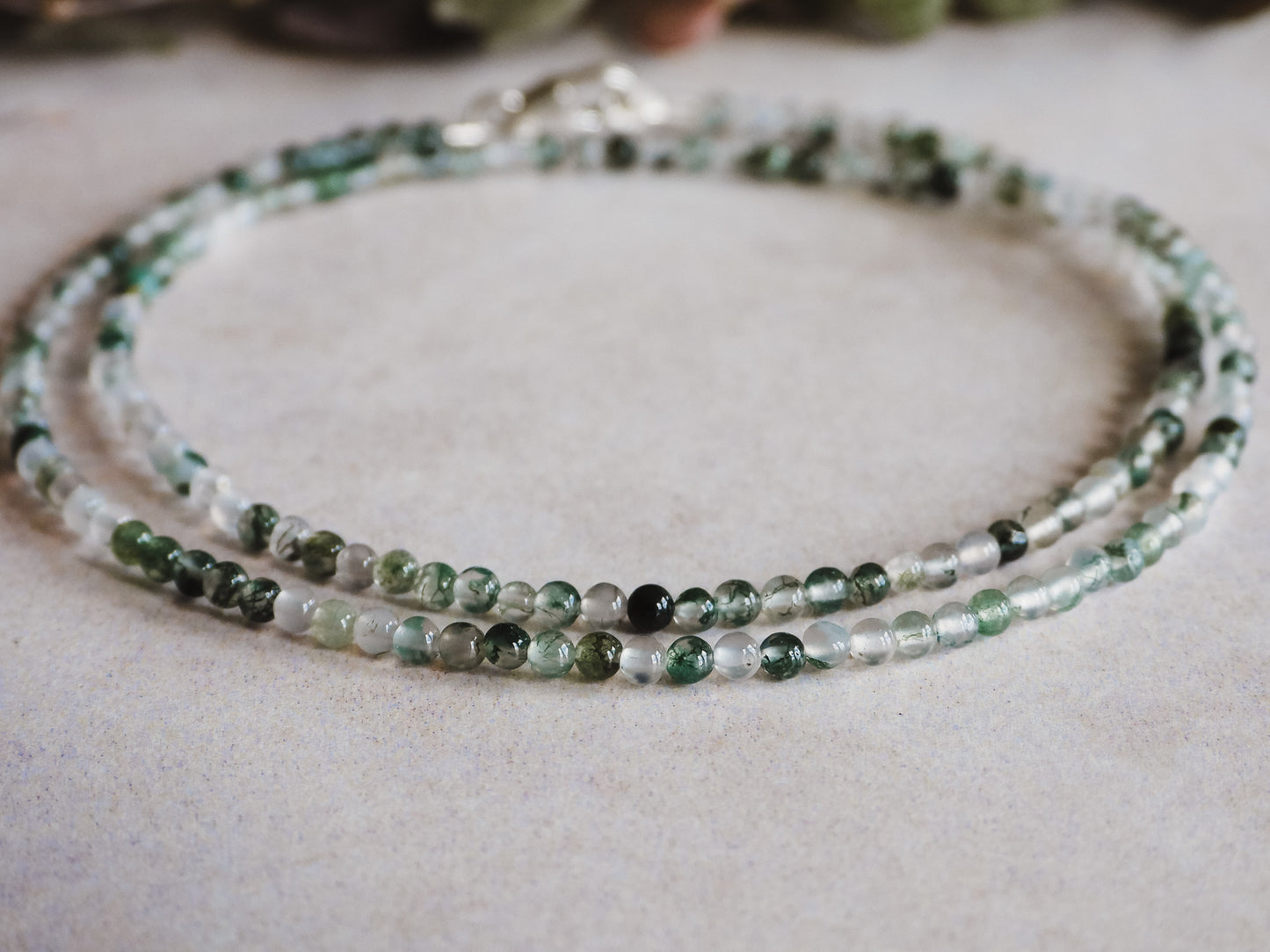 Dainty Moss Agate "Gardeners Stone" Gemstone Necklace | Round Beads