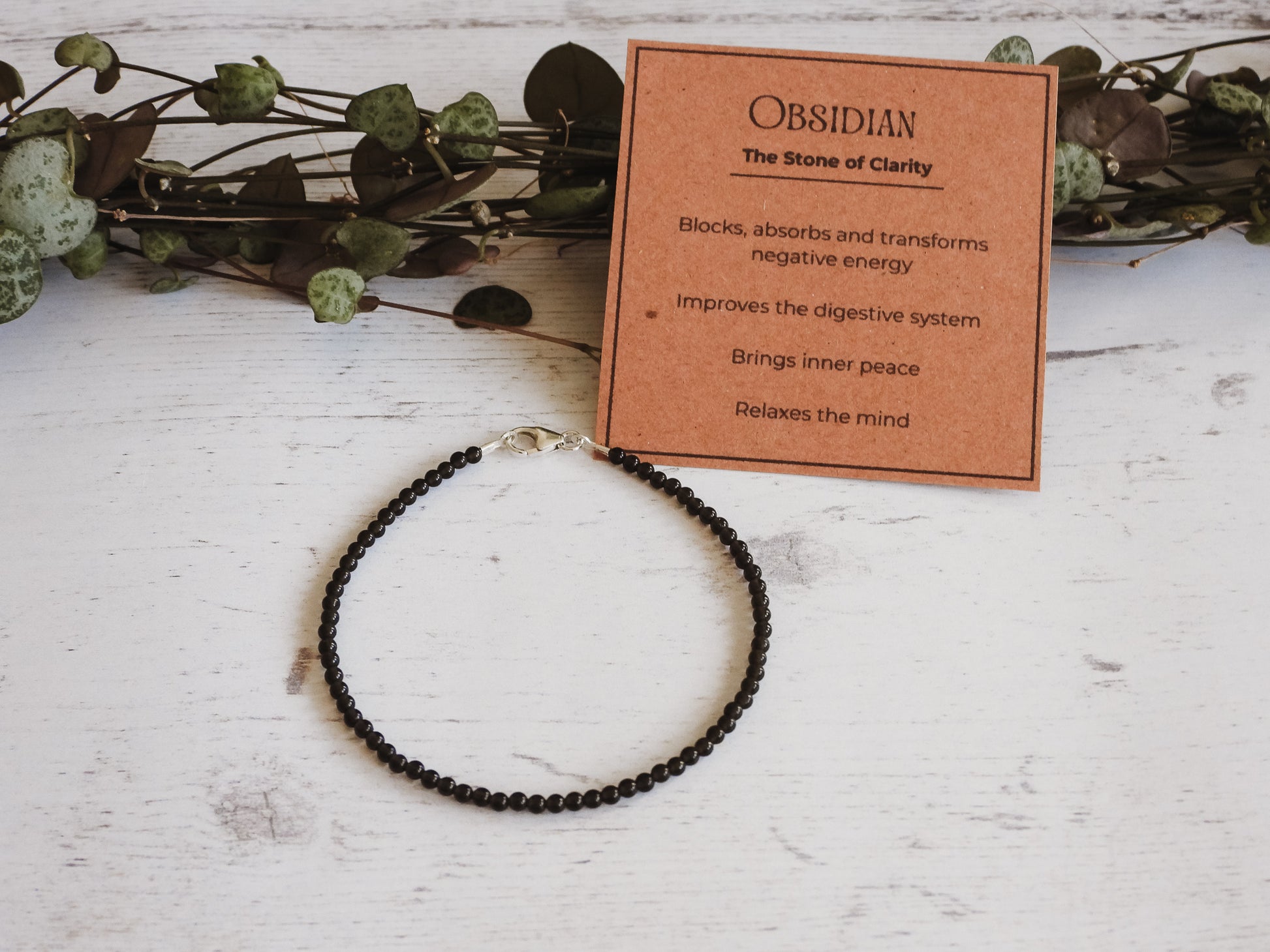 obsidian crystal healing beaded bracelet with card