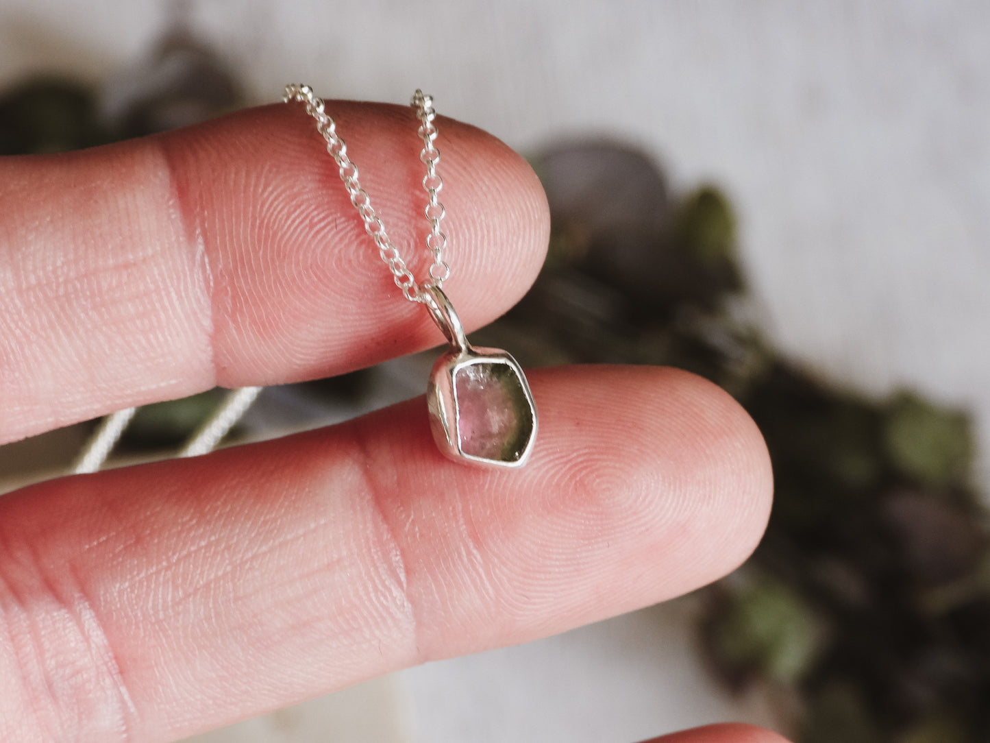 Super Dainty Watermelon Tourmaline Charm Necklace | October Birthstone