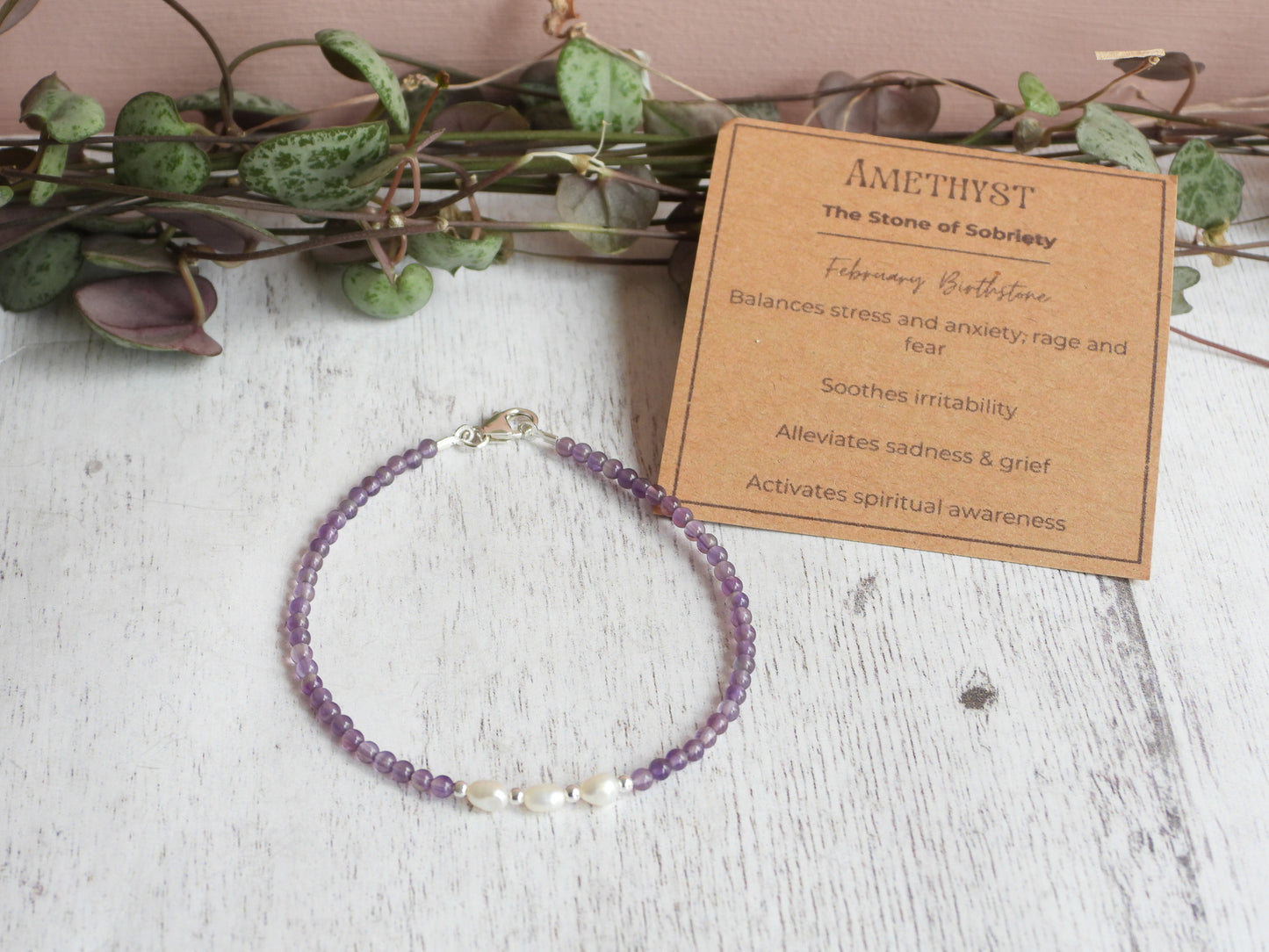 Dainty Amethyst and Pearl Gemstone Bracelet | February Birthstone | Round Beads