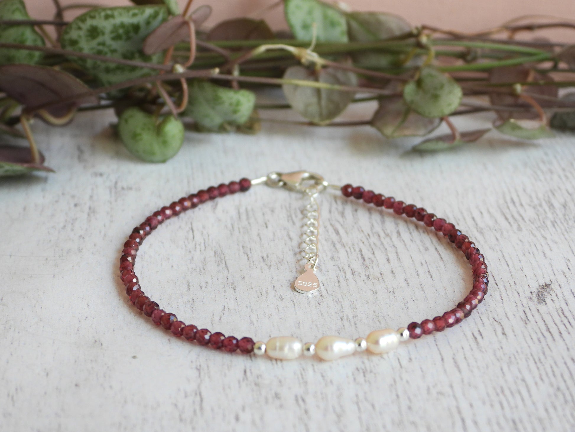 pearl and garnet bracelet with adjustable sterling silver chain, handmade in Cornwall