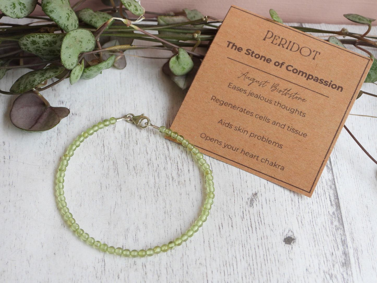peridot crystal healing bracelet with properties card, handmade
